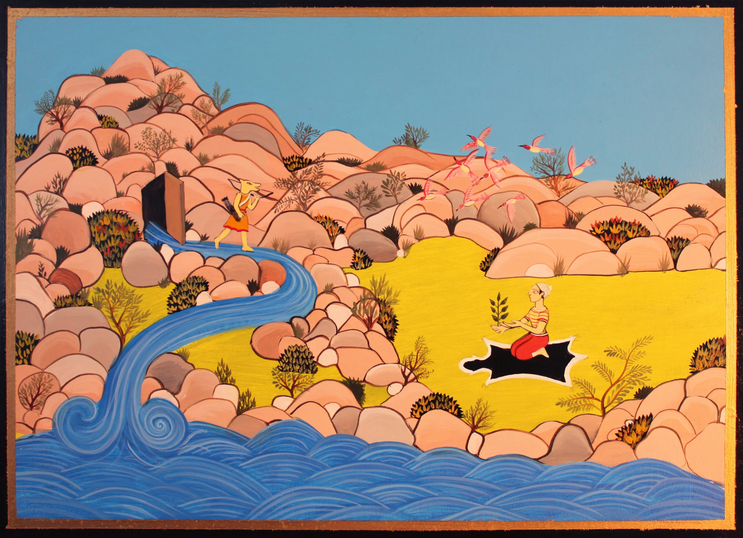 Return from Water Mountain 2012 acrylic and metal leaf on panel 9 x 12 inches