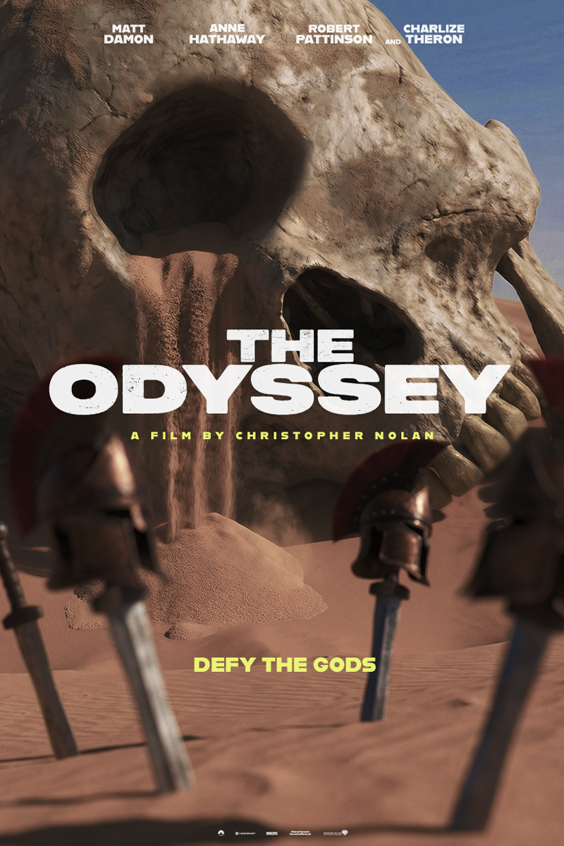 Movie poster for 'The Odyssey' featuring a giant animal skull in a desert landscape, swords stuck in the sand, and text highlighting actors and the tagline 'Defy the Gods'.