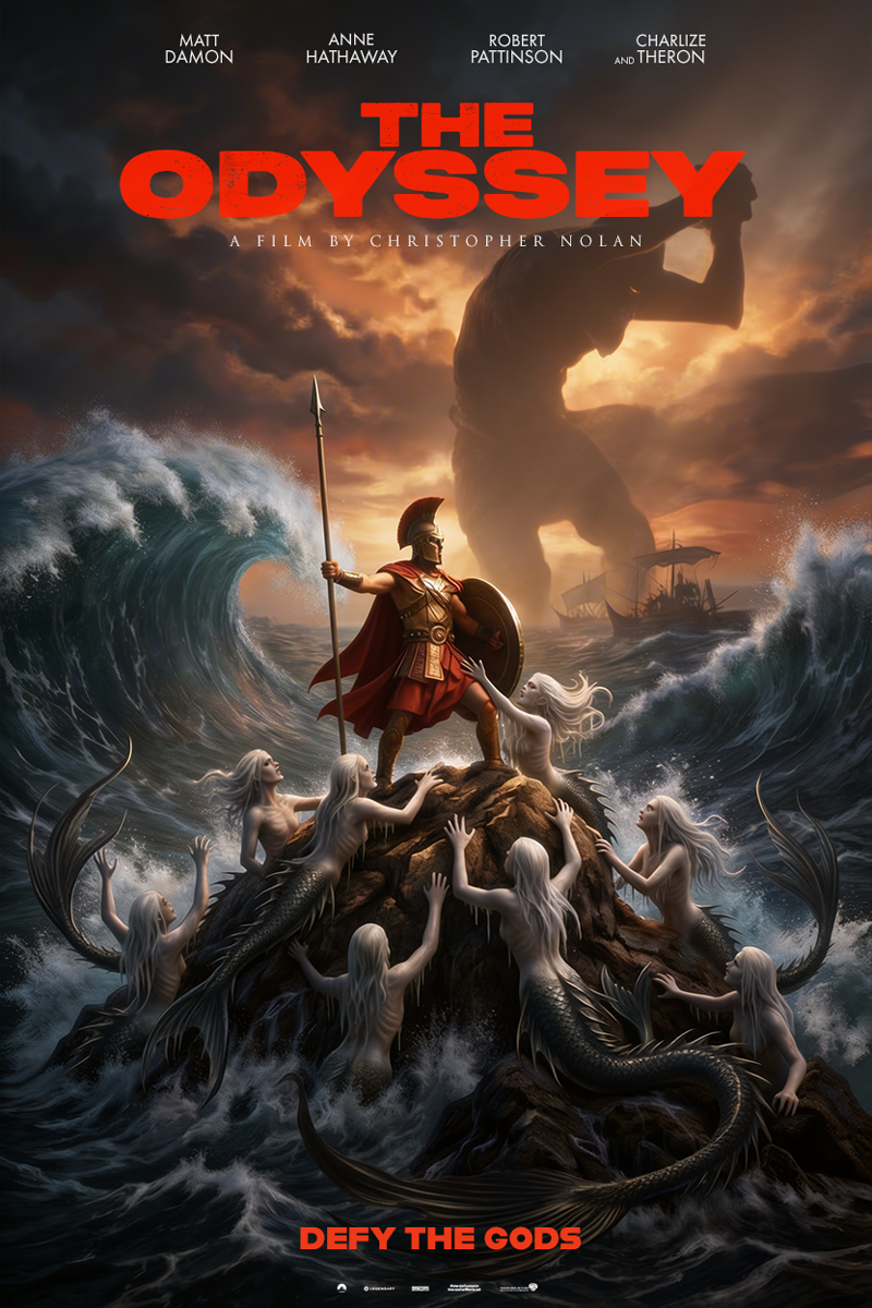 A movie poster for 'The Odyssey' depicting ancient gods and mythical creatures. It features a muscular warrior in armor, holding a spear and shield, standing on a rocky outcrop surrounded by mermaids with long flowing hair and fish tails. The warrior