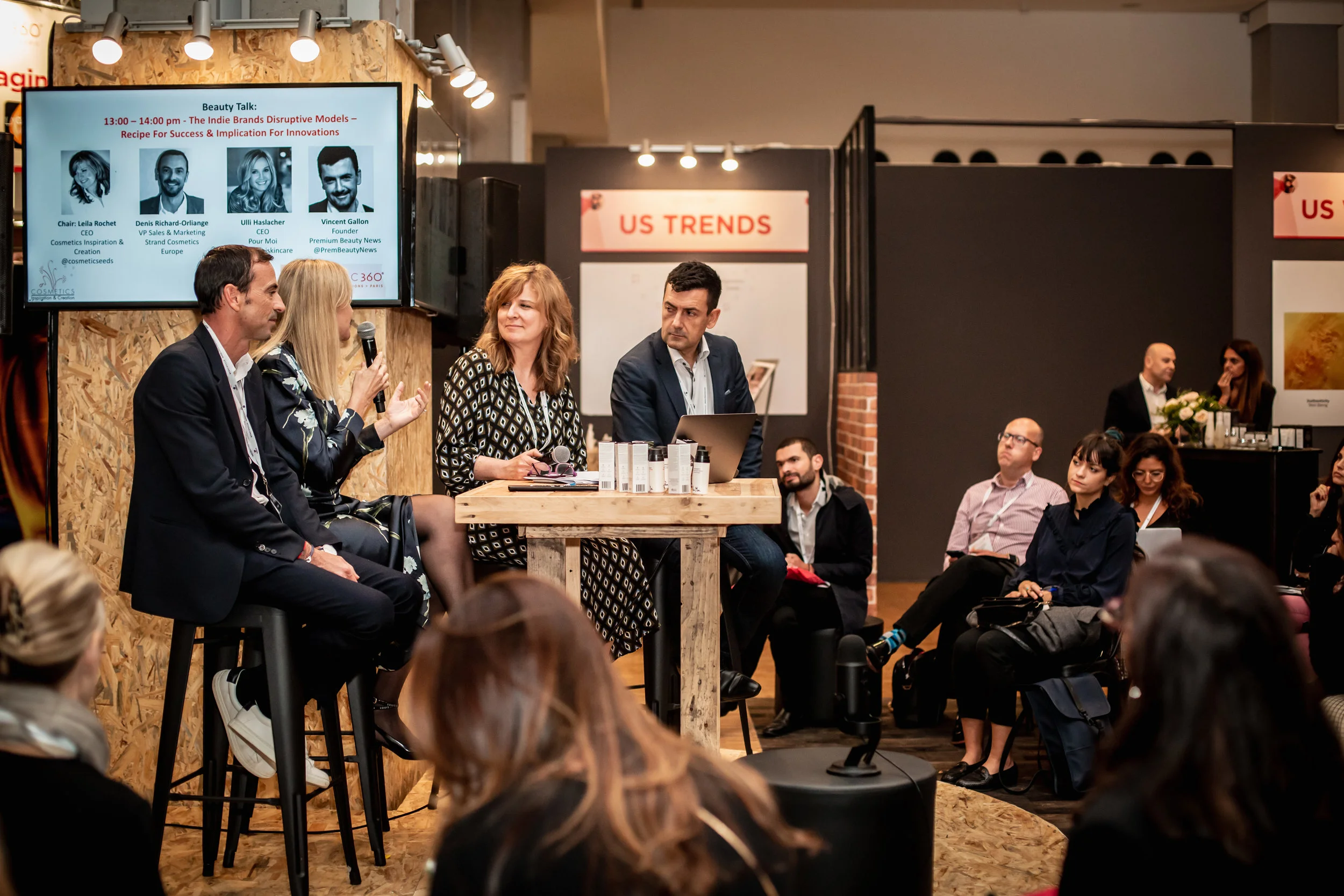 Photo- Cecile Muzard /Cosmetic360 - Round Table on Indie Brands with Denis Richard-Orliange - Strand Cosmetics Europe /Ulli Hashlacher (CEO & Pour Moi – Indie brand)/ Leila Rochet / Vincent Gallon – CEO Premium Beauty News