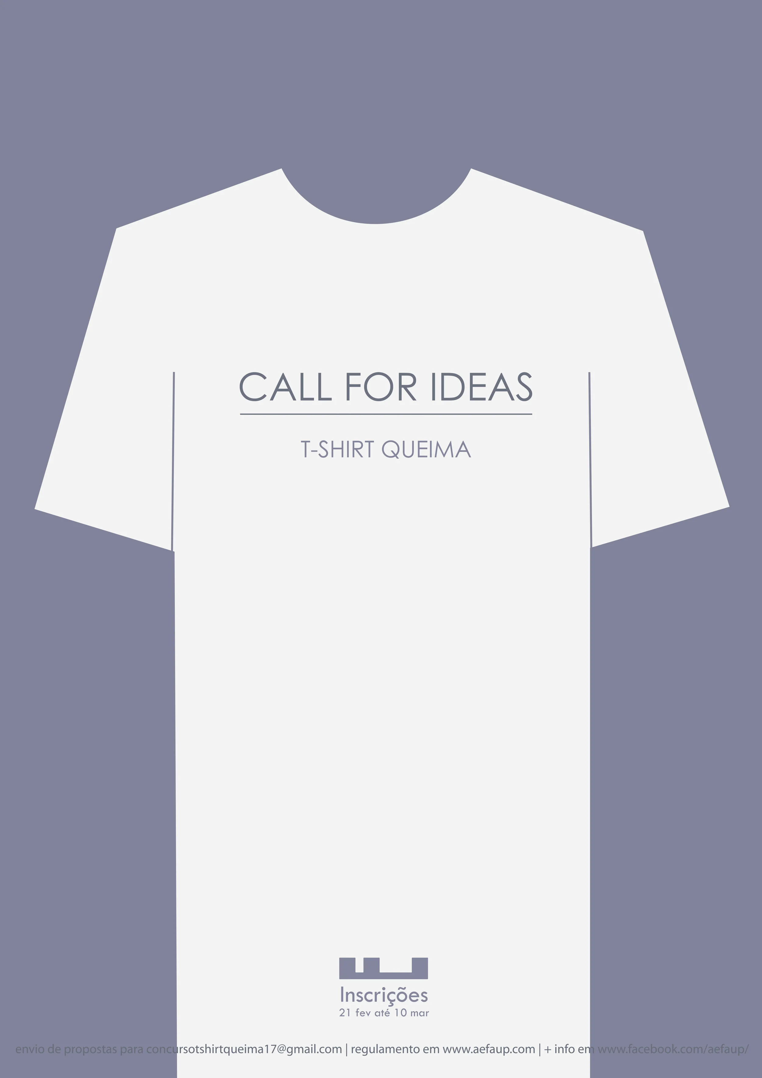 O concurso para o desenho da t-shirt da Queima das Fitas AEFAUP 2017 é organizado e promovido pela Associação de Estudantes da Faculdade de Arquitetura da Universidade do Porto. Pretende-se que, com este concurso, os alunos da FAUP possam ter a oportunidade de desenhar uma t-shirt a utilizar na Queima das Fitas deste ano que represente a sua Faculdade e os seus estudantes. A Tshirt será utilizada na Queima das Fitas de 2017 e comercializada na AEFAUP durante o resto do ano. O concurso decorrerá entre 21 de Fevereiro e 10 de Março, sendo anunciado a proposta vencedora dia 16 de março . O prémio para o vencedor do concurso será um vale de 40 € para ser usado na Livraria da AEFAUP.