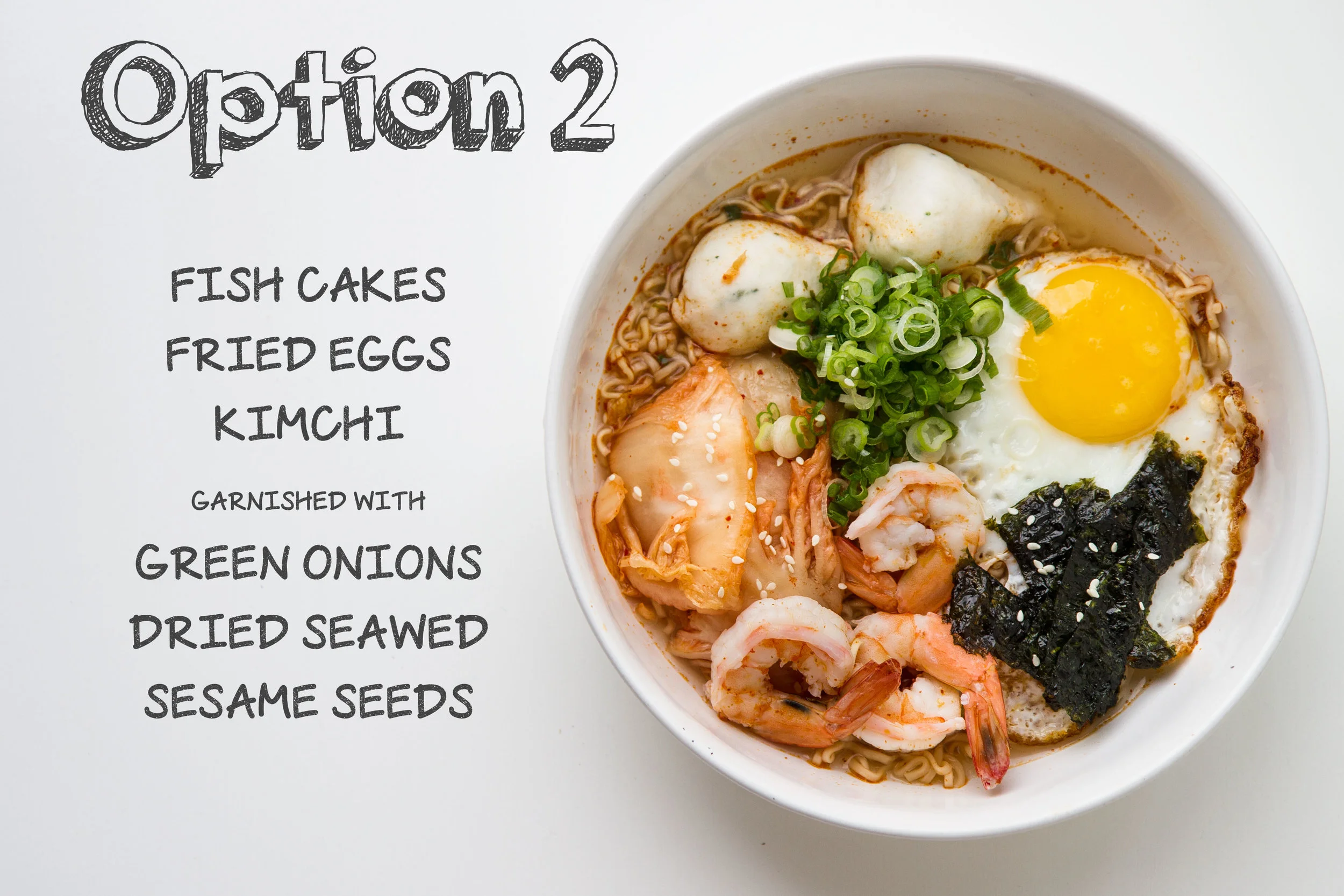 Instant Noodles with Fish Cakes, Shrimp, Kimchi, and Fried Egg