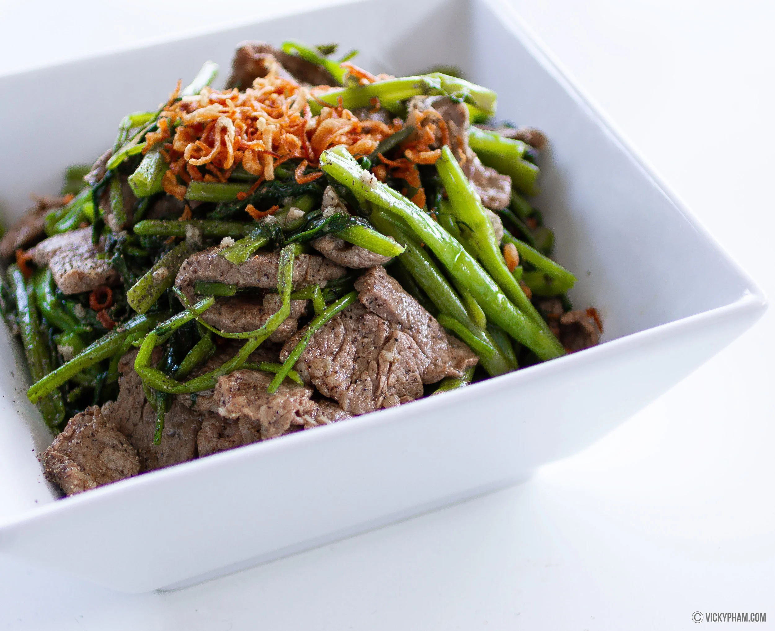Stir-fried Water Spinach/Morning with Beef (Rau Muong Xao Thit Bo)