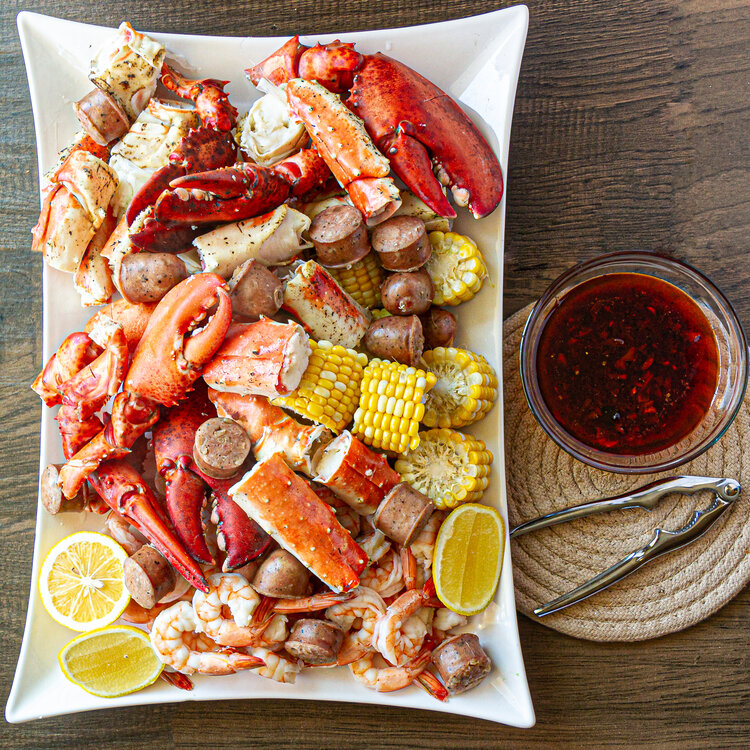 Seafood Boil with Red Spicy Garlic Butter Dipping Sauce