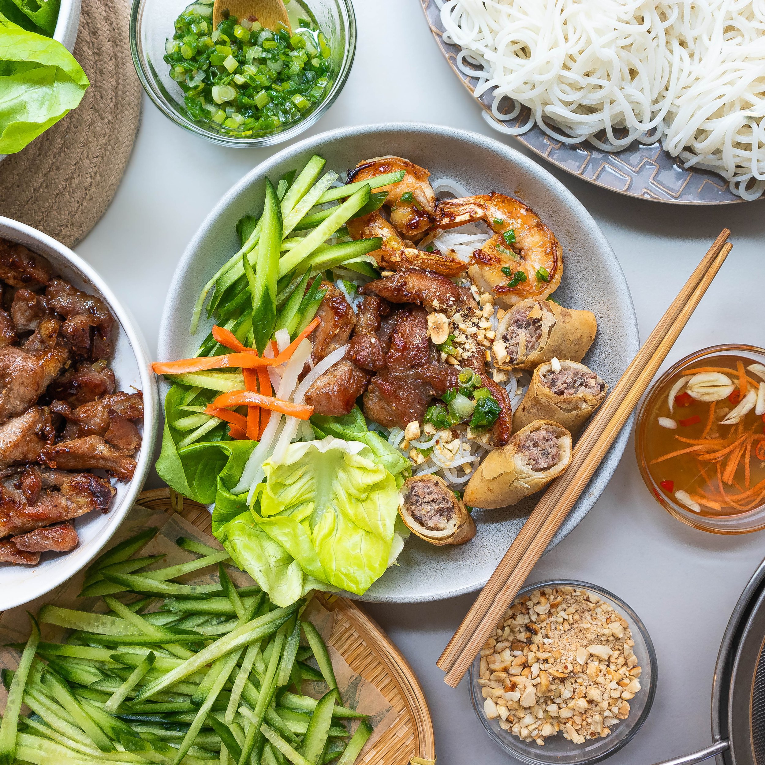 Vietnamese Rice Noodles with Grilled Pork, Shrimp and Egg Rolls (Bun Tom Thit Nuong Cha Gio)