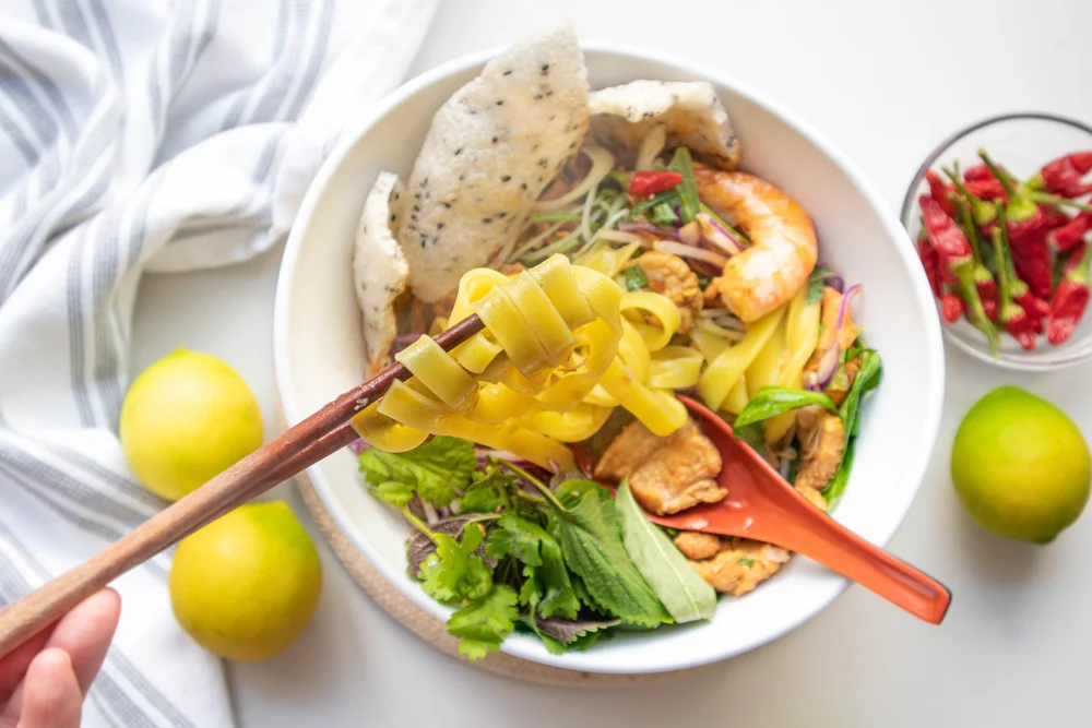 Vietnamese Turmeric Noodles with Pork and Shrimp (Mì Quảng Tôm Thịt)