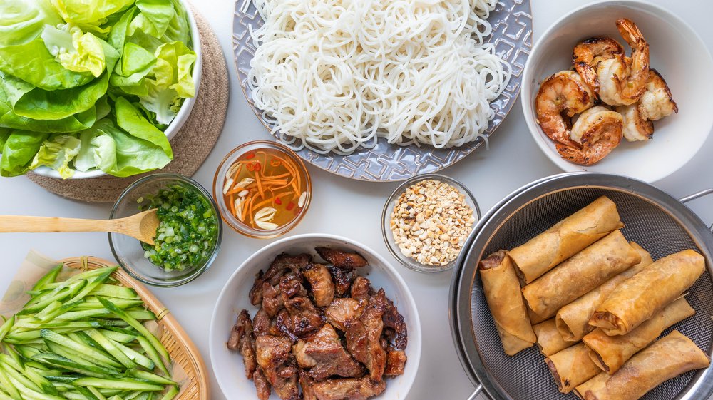 Vietnamese Rice Noodles with Grilled Pork, Shrimp and Egg Rolls (Bún Tôm Thịt Nướng Chả Giò)