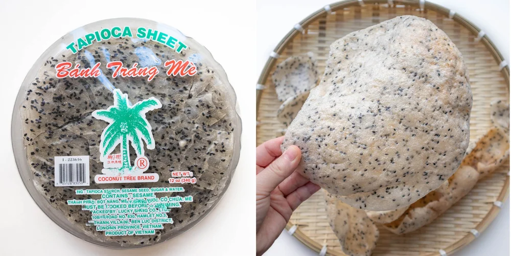 Bánh Tráng Me (Tapioca Sheet with Black Sesame Seeds) — Raw (left) and cooked in microwave or over open flame (right)