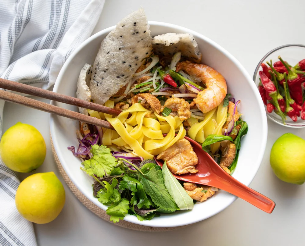 Vietnamese Turmeric Noodles with Pork and Shrimp (Mì Quảng Tôm Thịt)