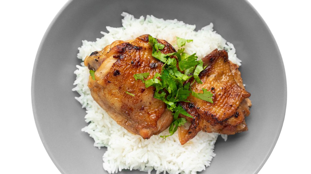 Vietnamese Braised Coconut Chicken (Ga Rim Nuoc Dua) over steamed white rice