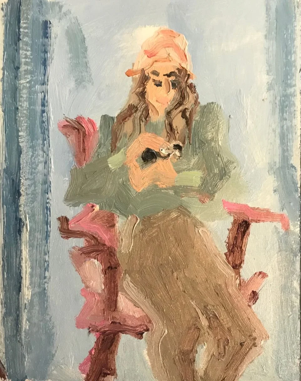 Finn filming me painting her Oil on Gessoed Board 28x24 cms NA