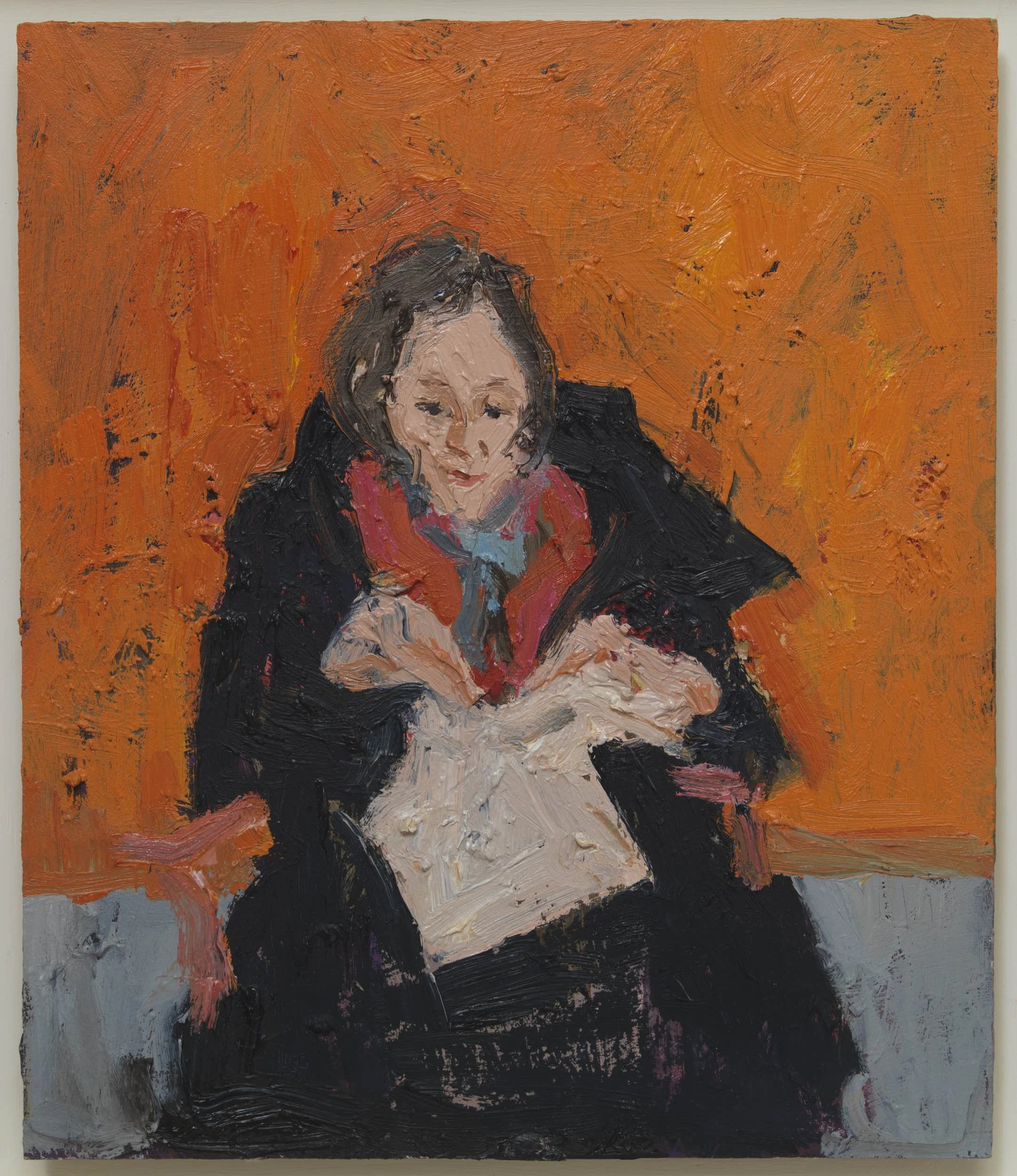 Quick Portrait Maria stitching me while paint her Oil on gessoed board 28x24cms Sold