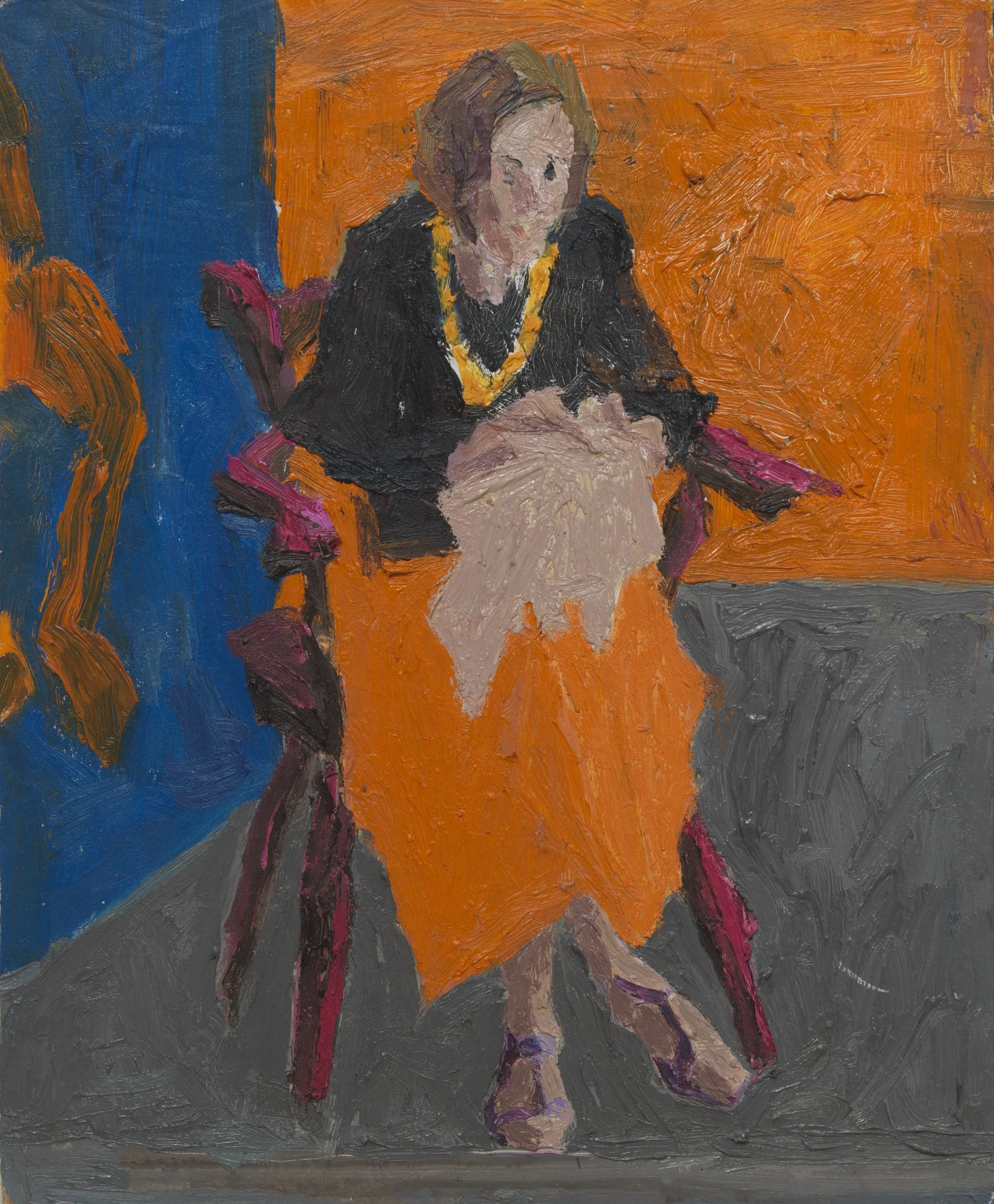Quick portrait Maria stiching me painting her Oil on Gessoed Board 28x24 cms Available £1850