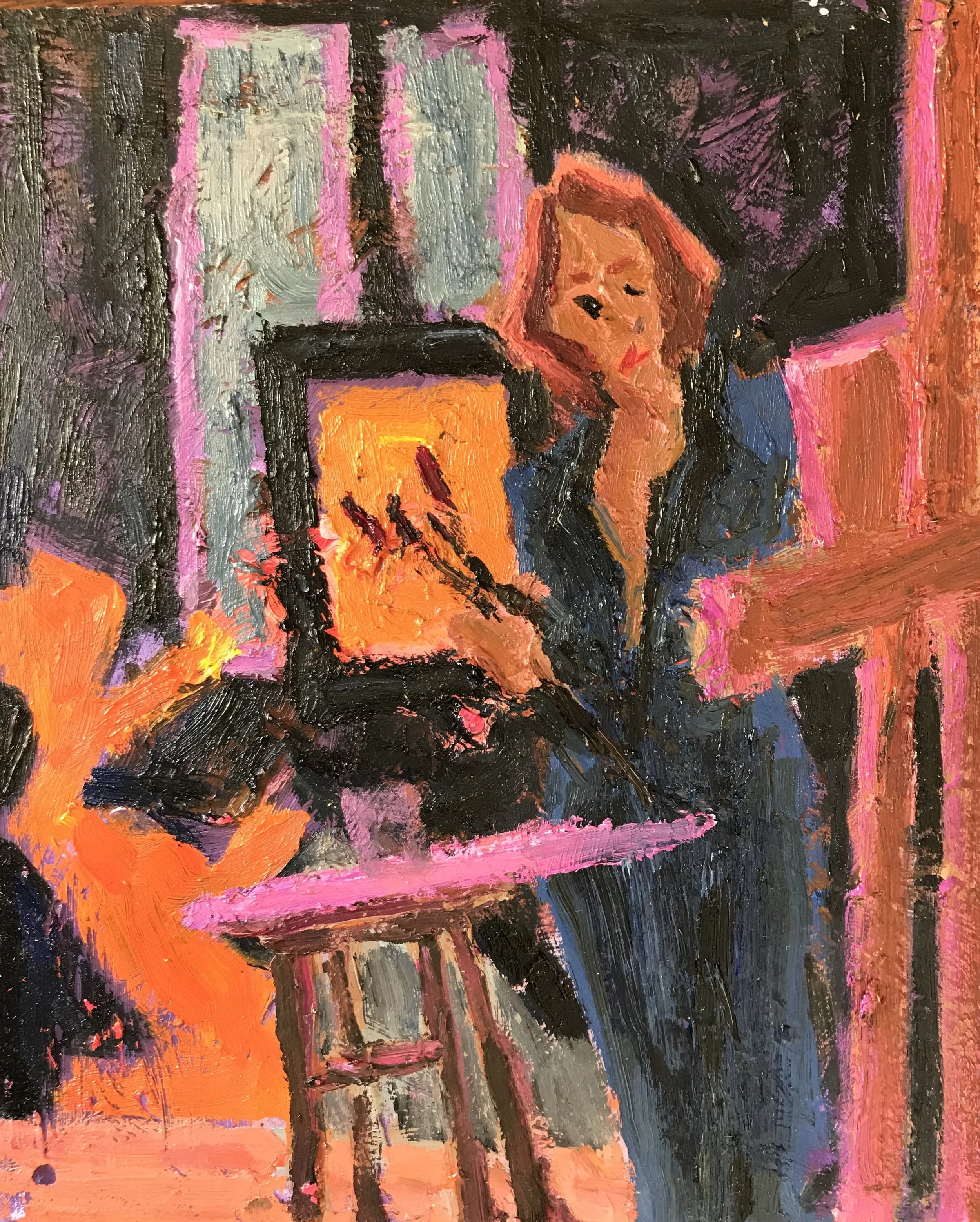 Night shift. 'Pink Palette' Oil on gesso board,28x24cms. Available £1850.