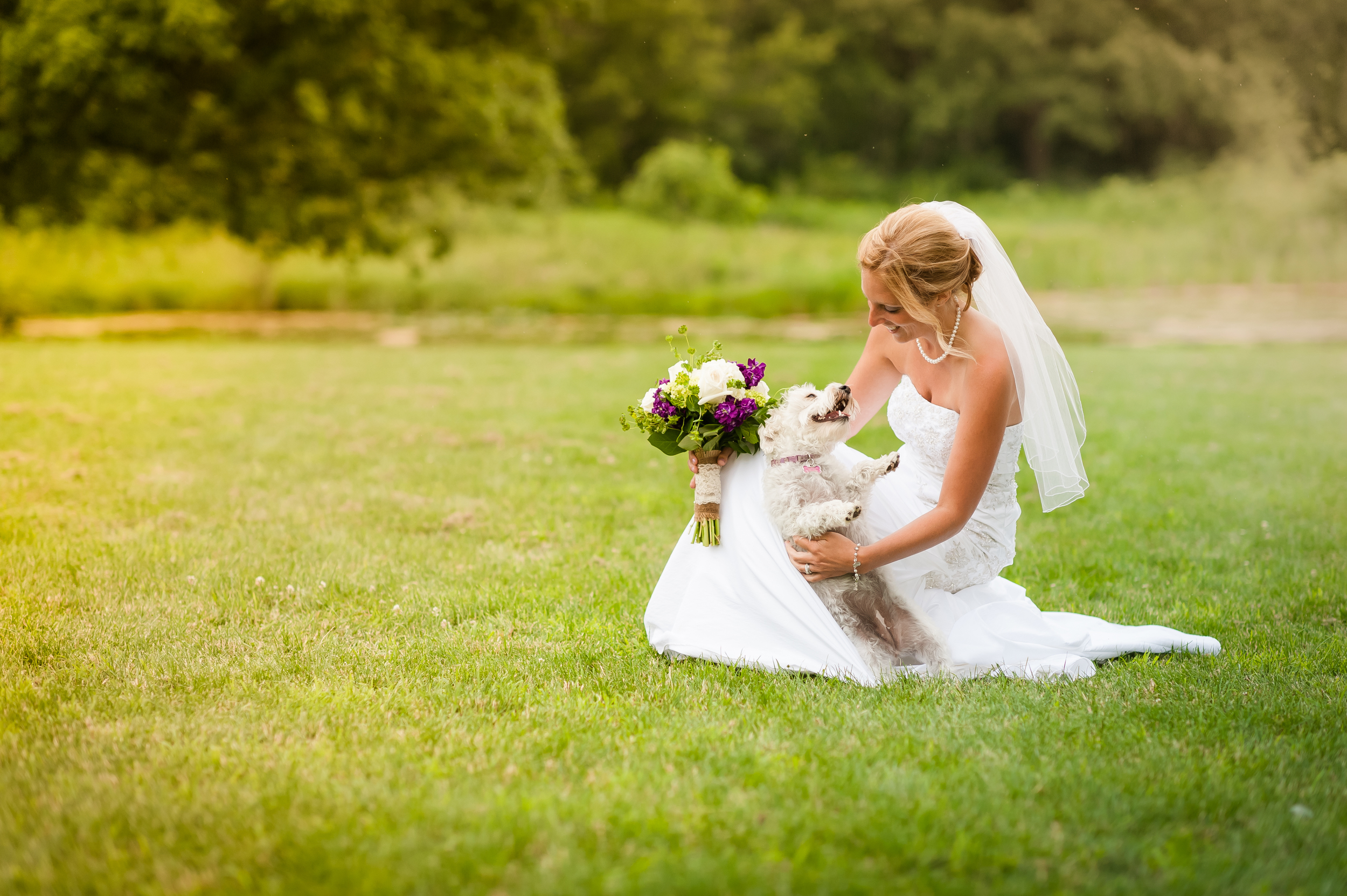 bride with her dog on wedding day in st.charles