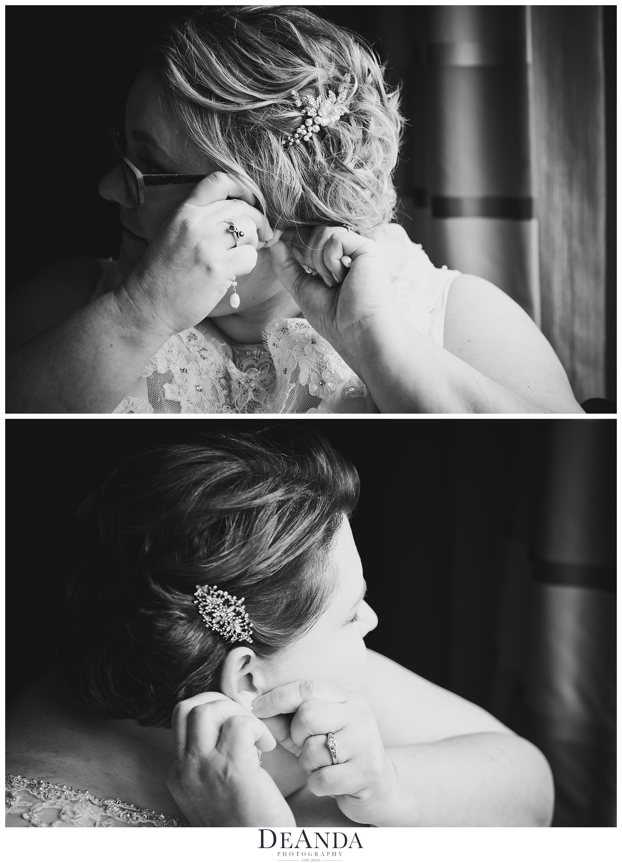 two brides putting on their earings