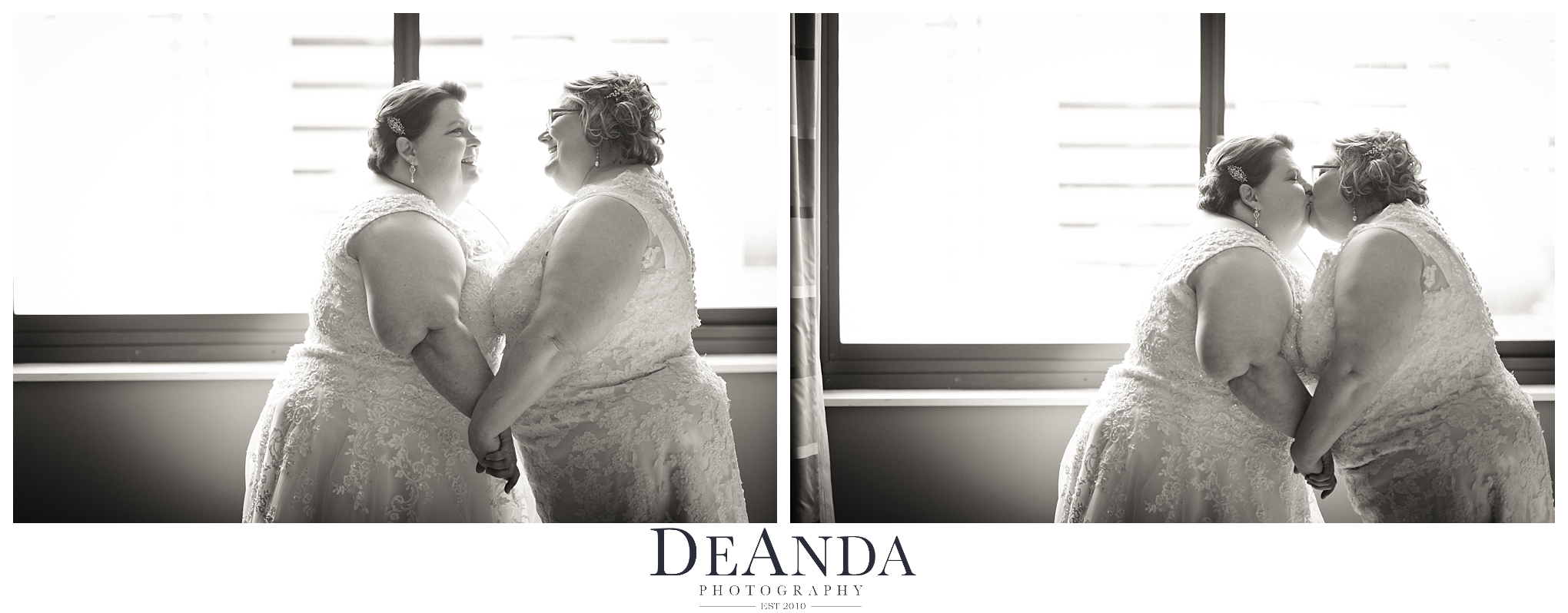 brides kissing in black and white