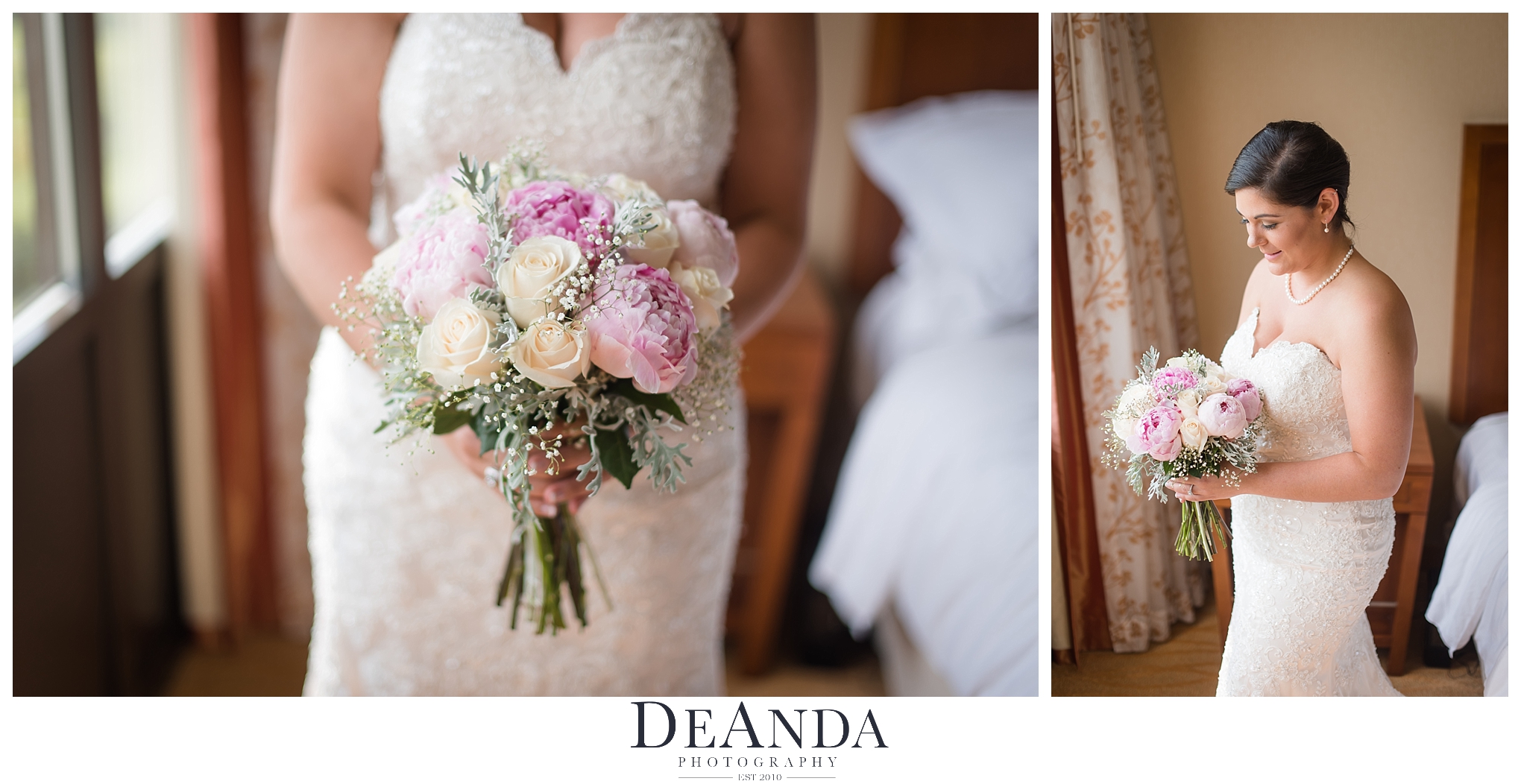 bride looking at flowers