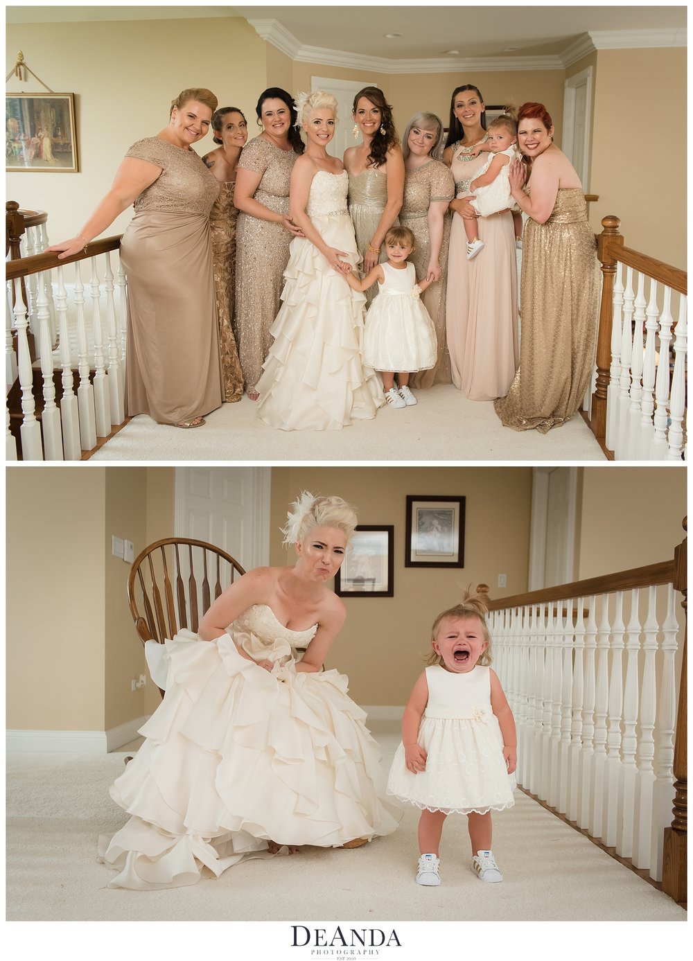 Bridal Party and crying flower girl