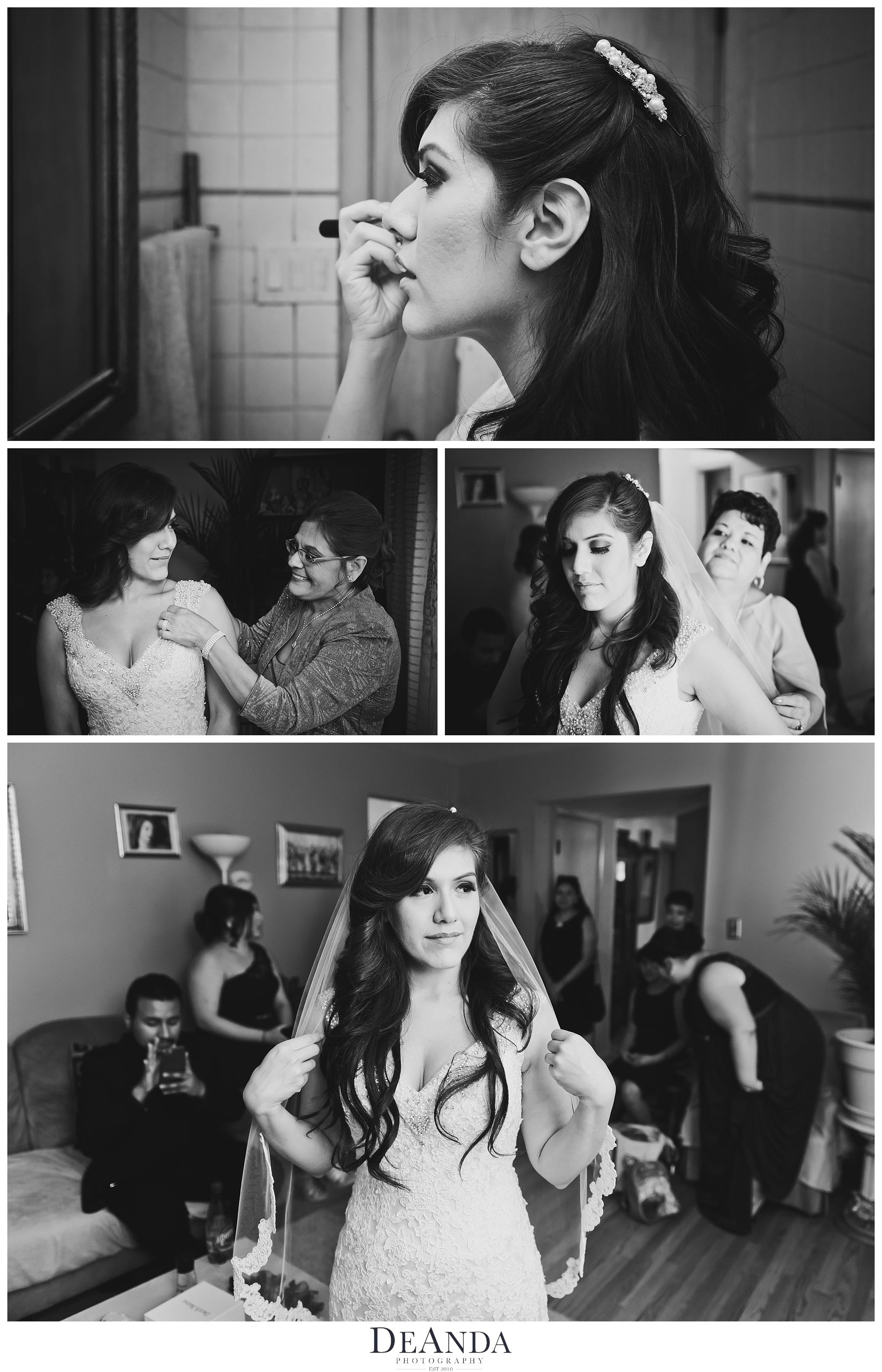 bride getting ready at her home in black and white
