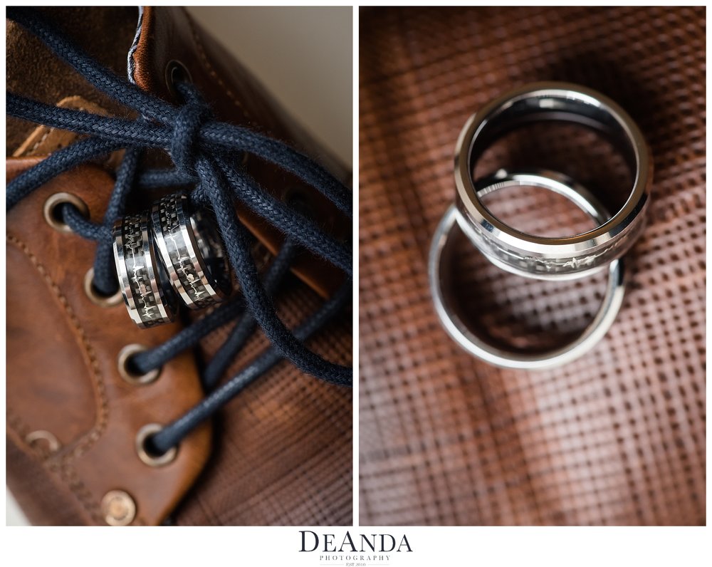 grooms rings together on shoes