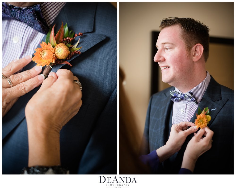 pinning on flowers at The Gwen Hotel