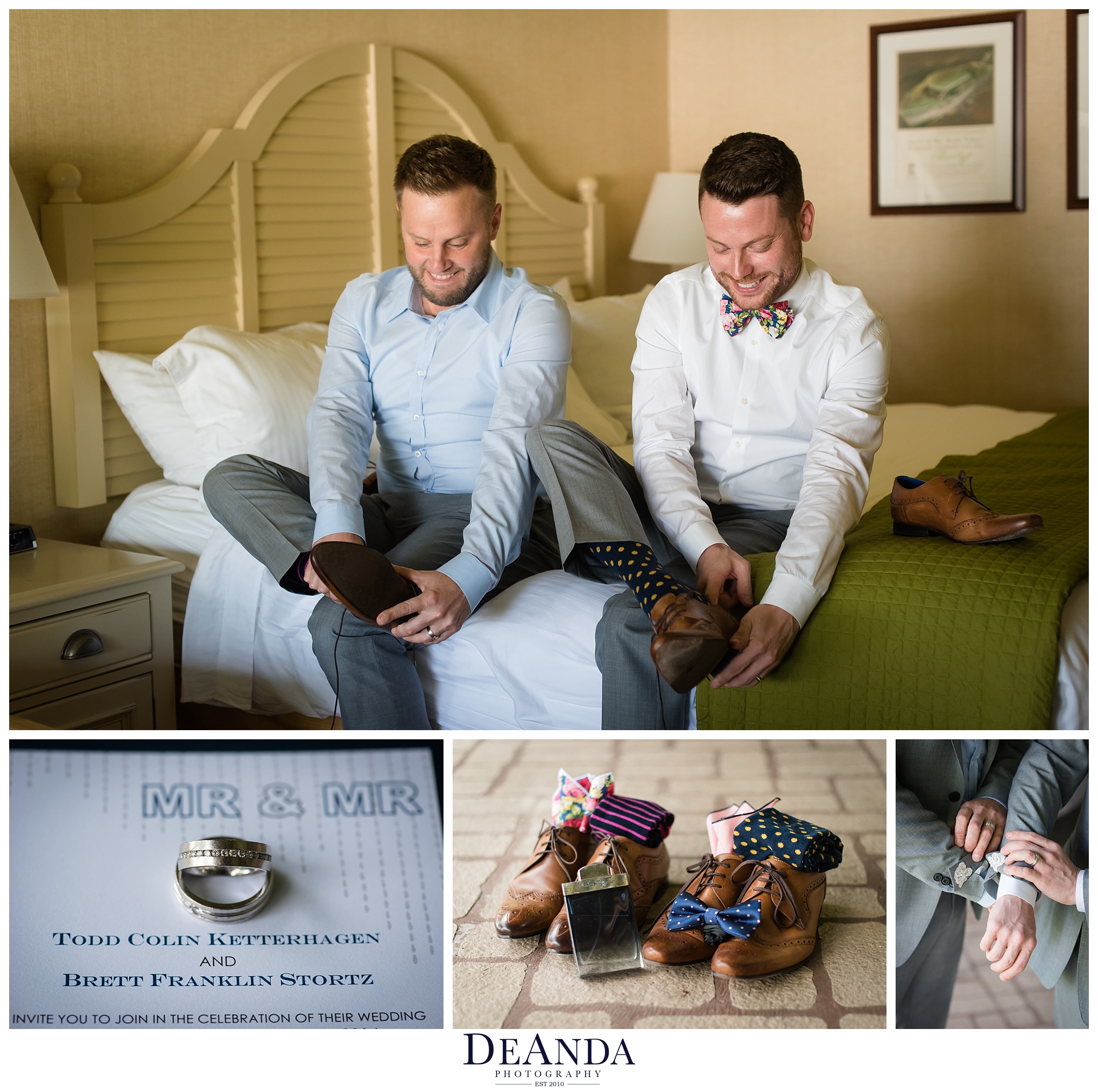 two grooms getting ready together