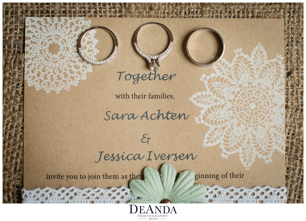brides wedding rings on invite