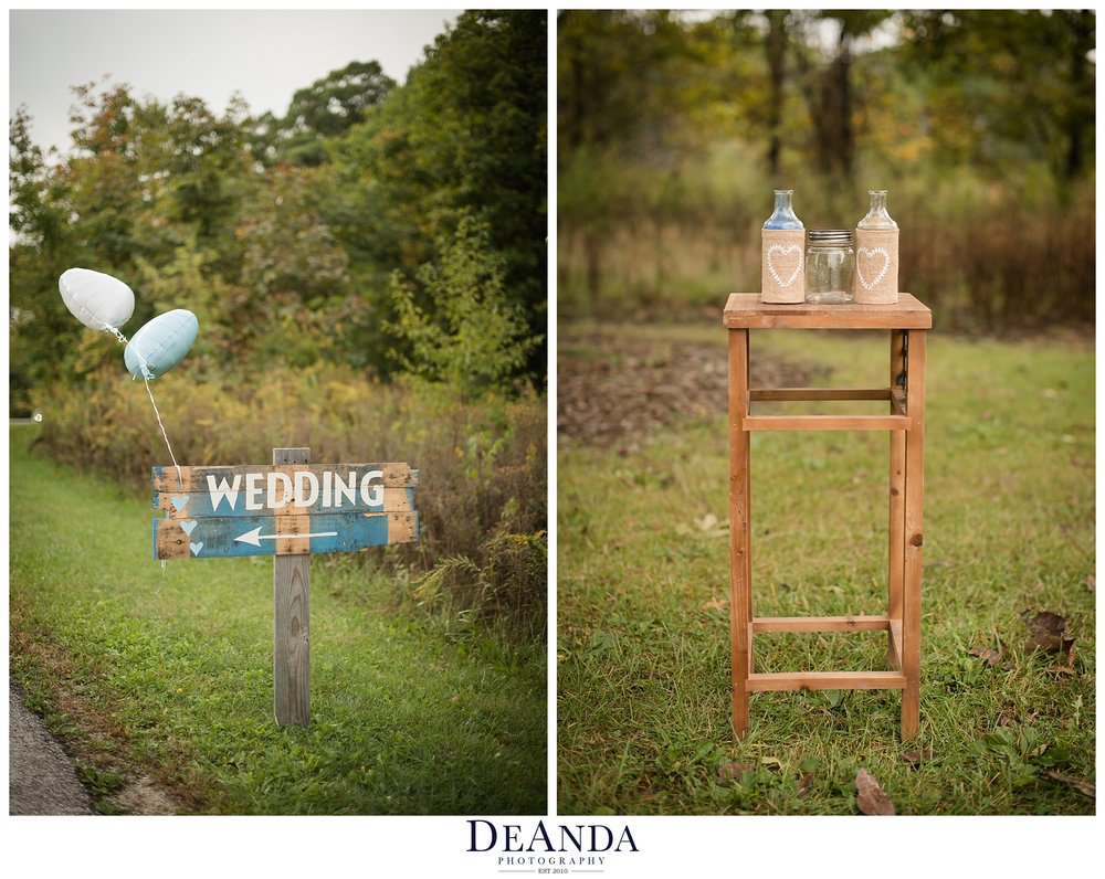 forest preserve wedding sign and sand