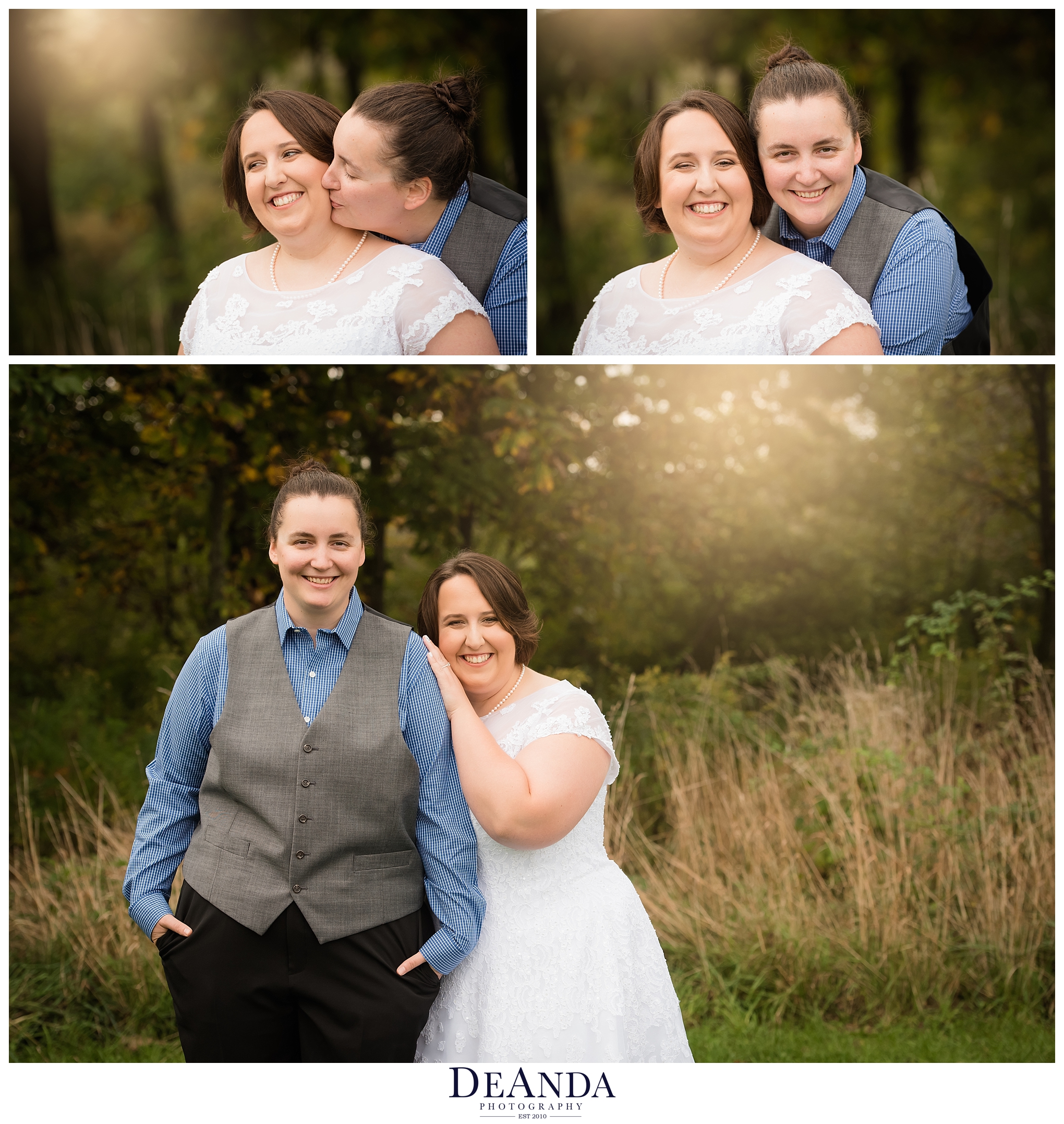 same sex wedding couple in forest preserve
