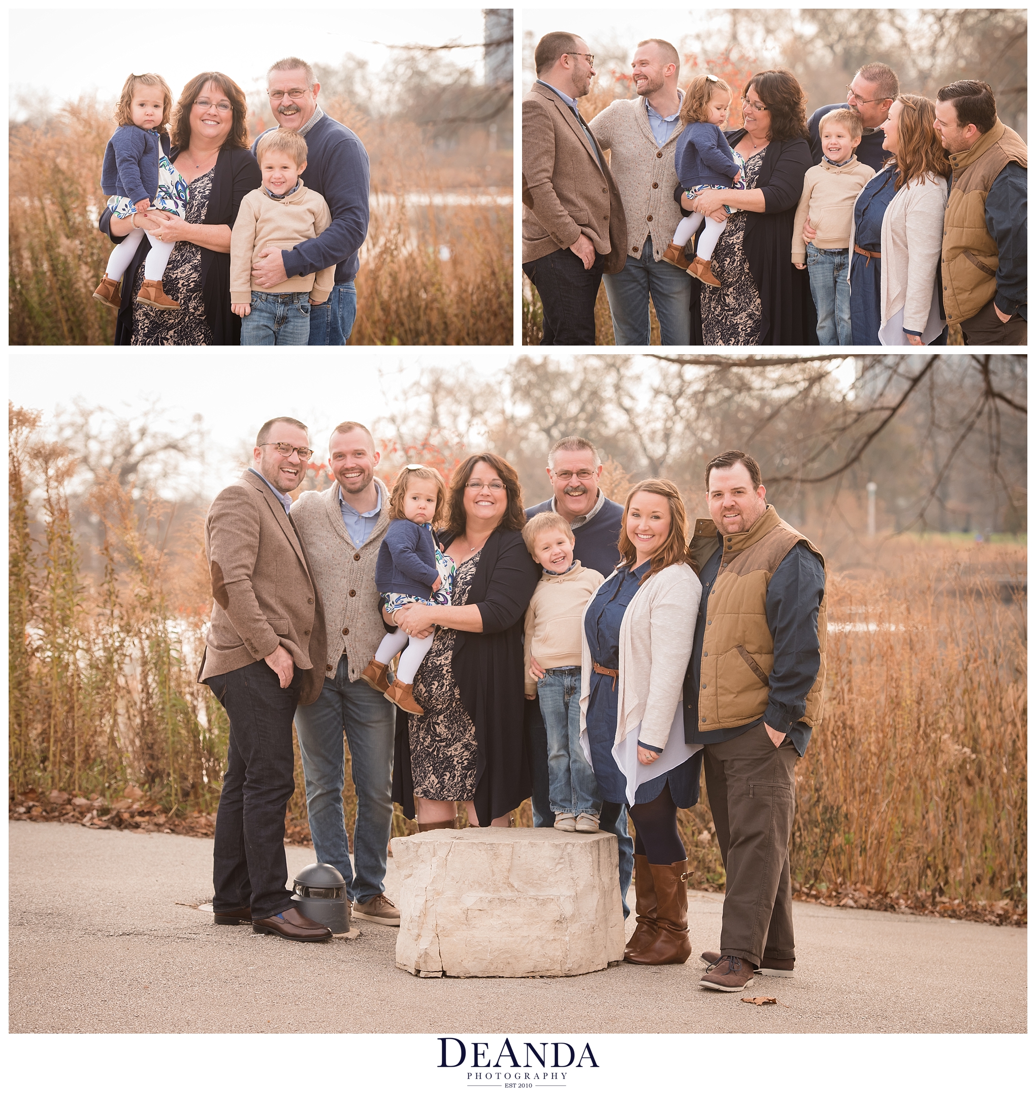 extended family photos at south pond on kissing bridge in chicago