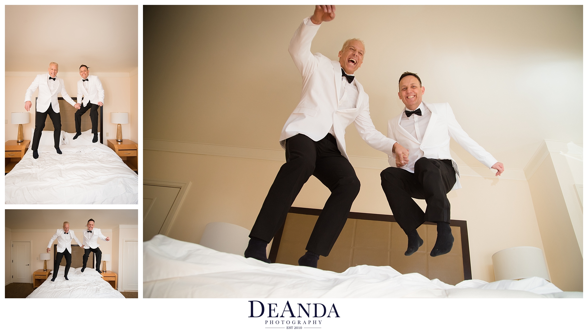 fun photo of gay couple married jumping on bed
