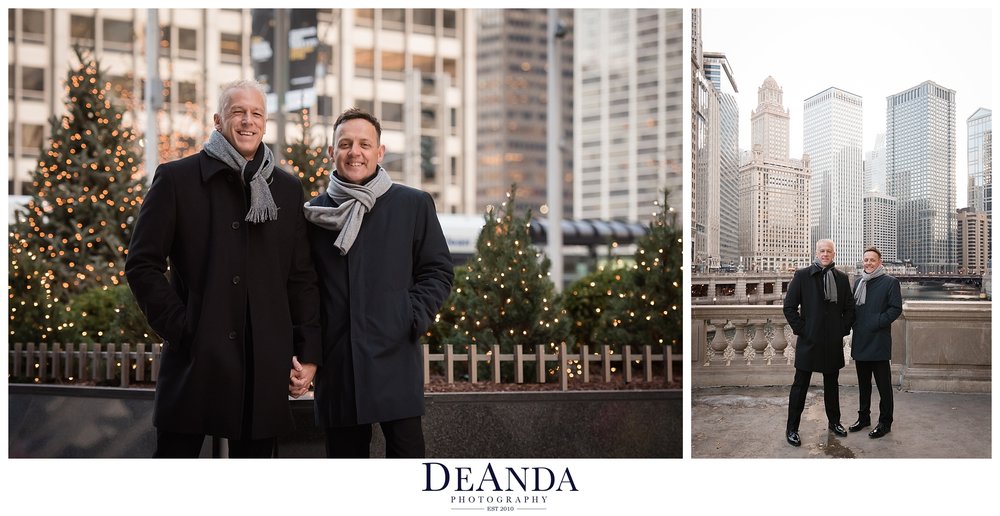 grooms portraits outside in Chicago during christmas time