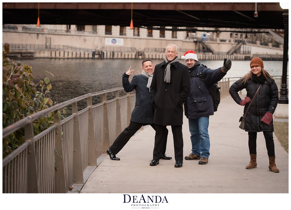 grooms being photobombed on chicago riverwalk