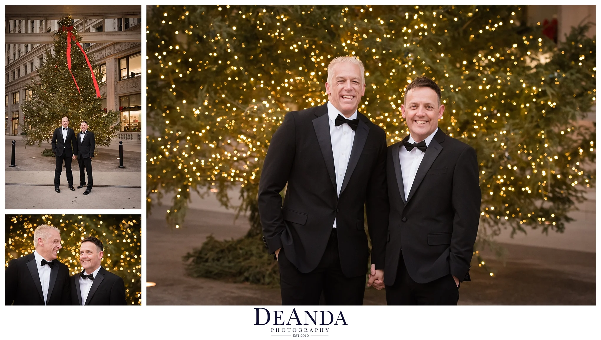 grooms in front of christmas tree