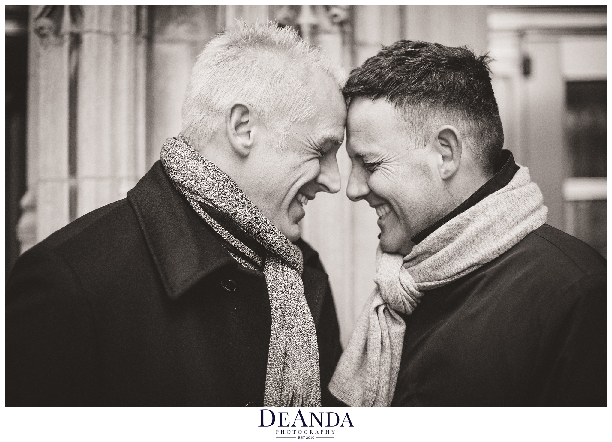 Grooms together in black and white in chicago