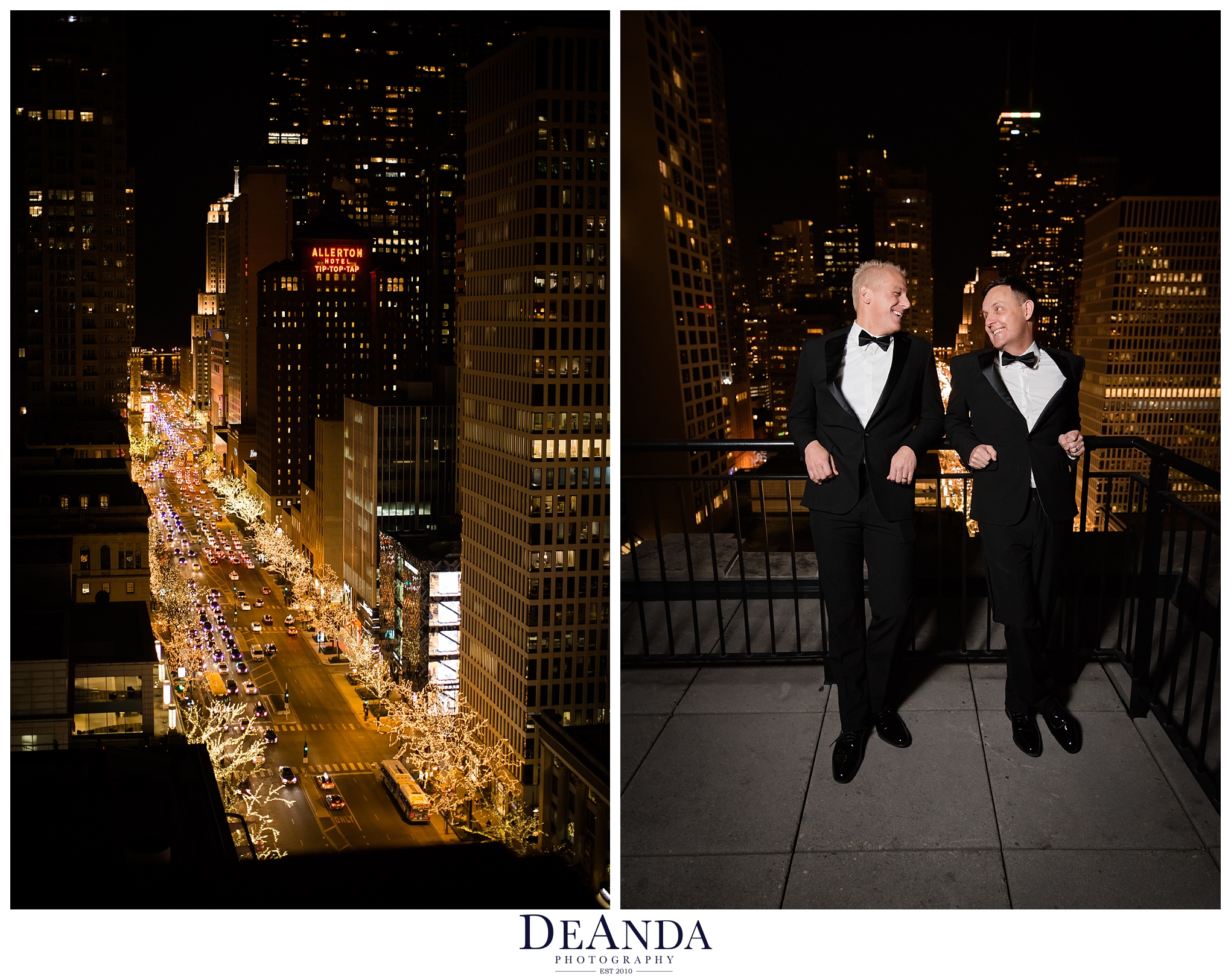 night time photography of same sex wedding with chicago lights in the background