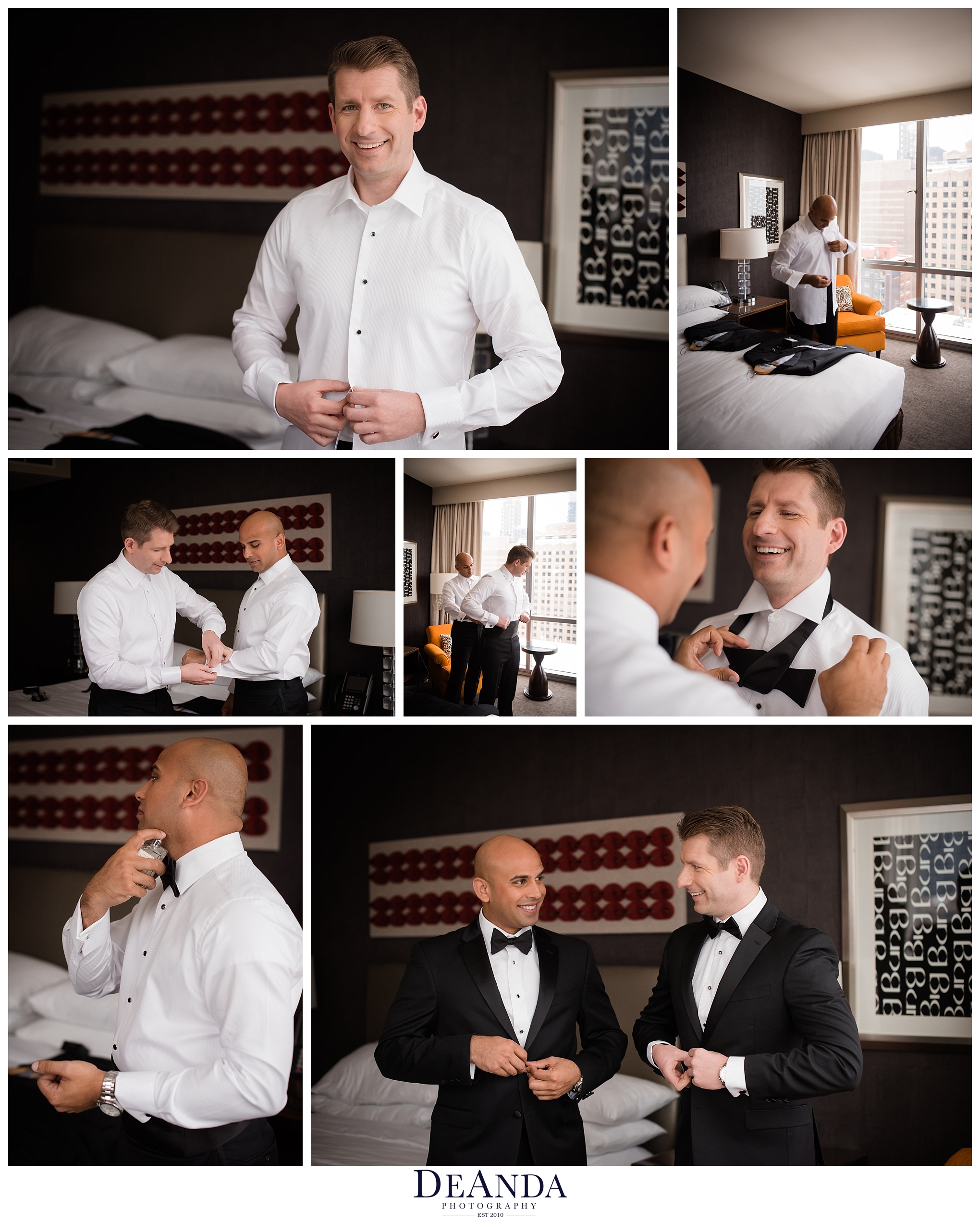 two grooms getting ready for their wedding at the wit hotel chicago