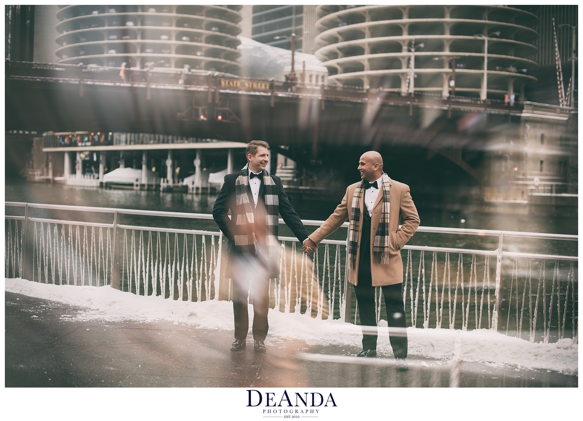 artistic wedding image of two grooms on chicago riverwalk