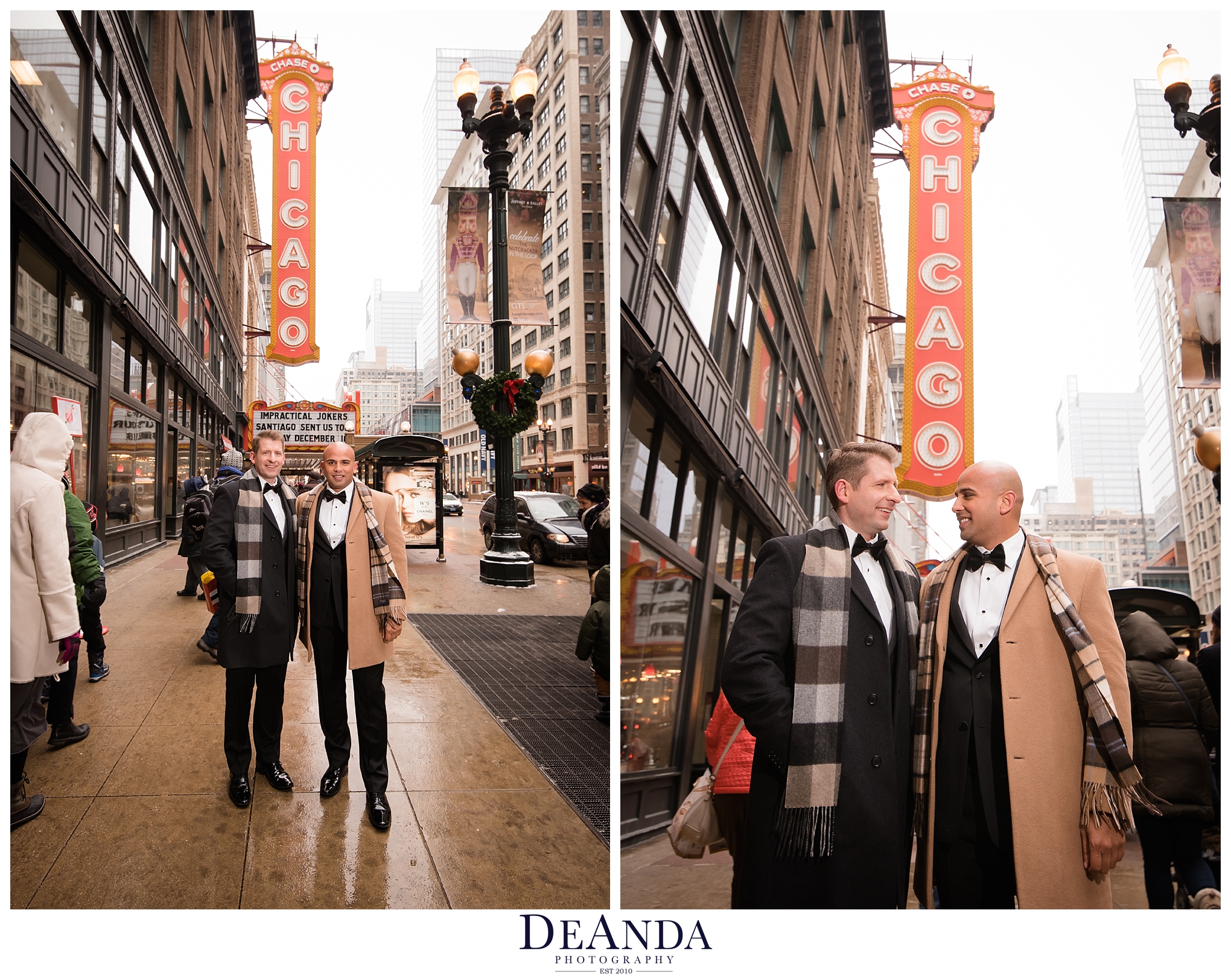 two grooms in front of the chicago theatre sign