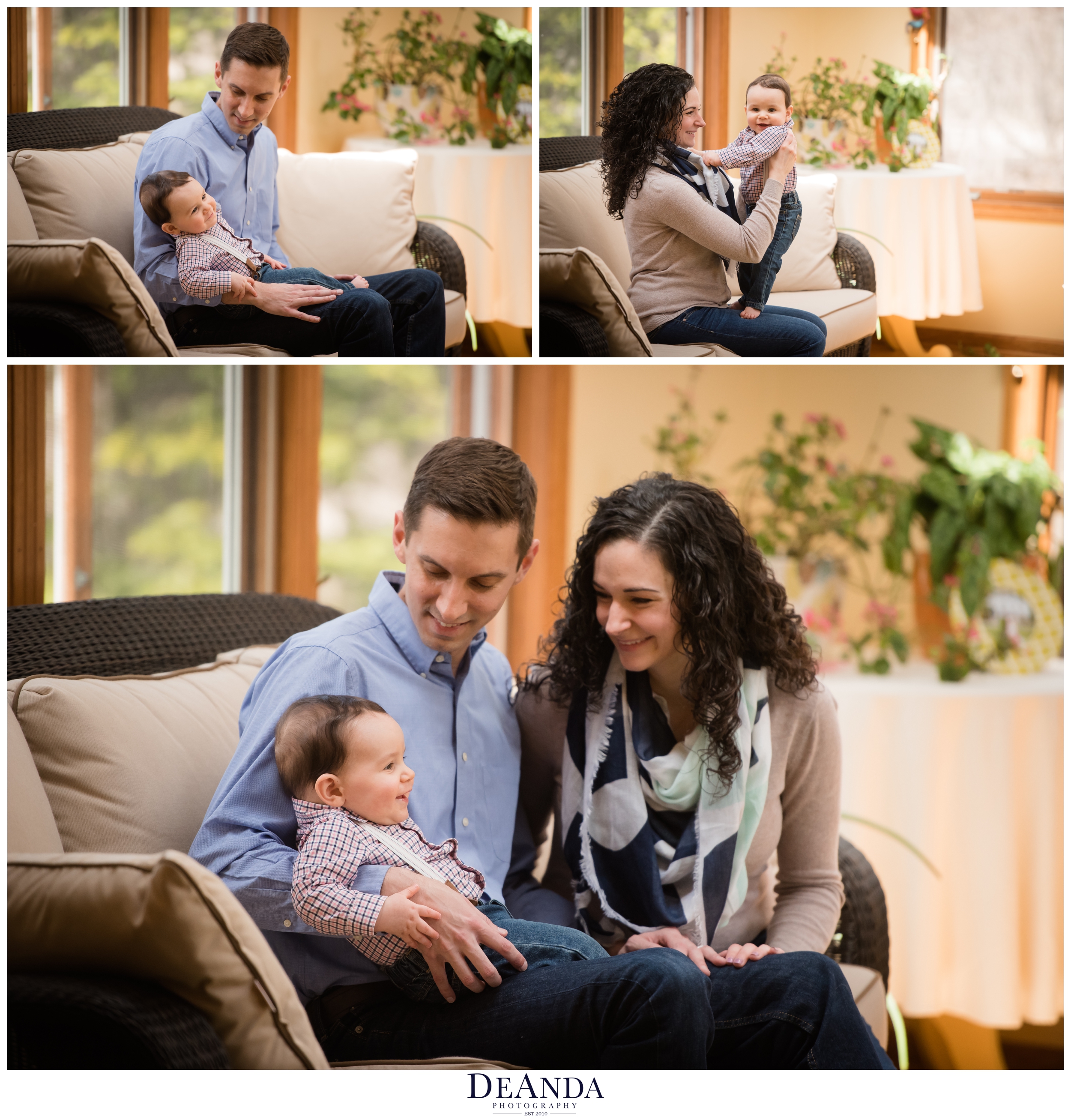 baby with mom and dad in sunroom