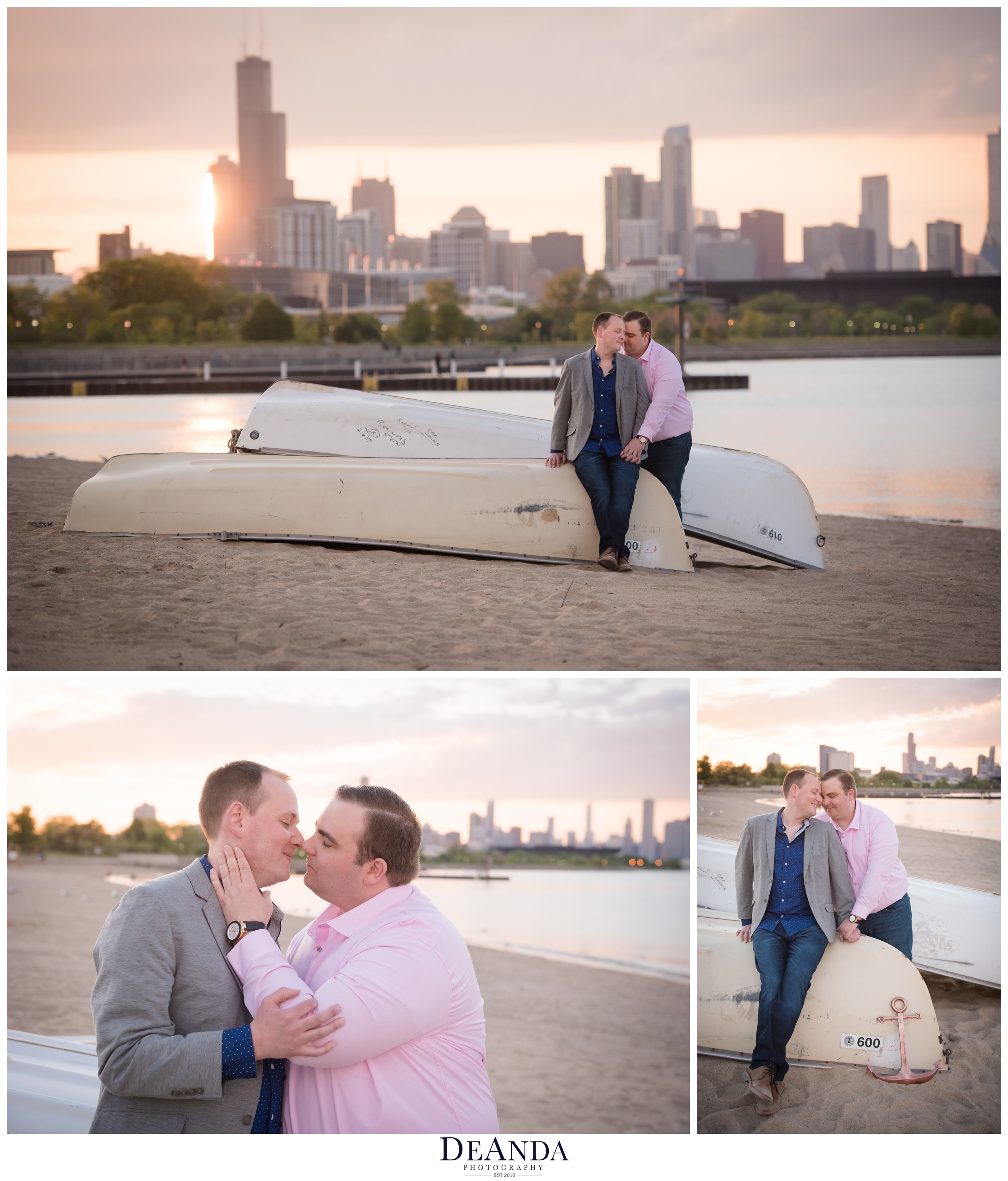 engagement photos at sunset on 31st street beach chicago 