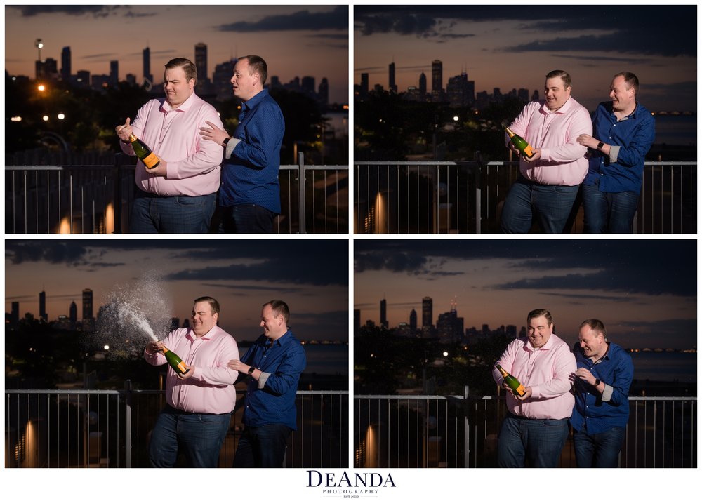popping champagne engagement photos chicago 