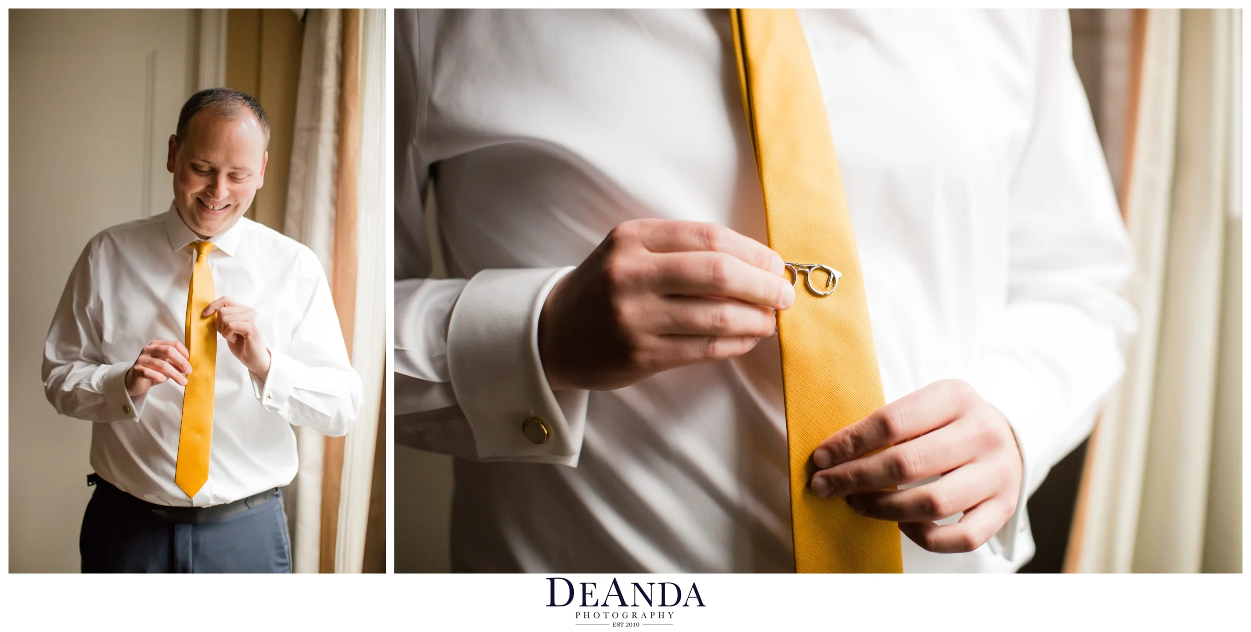 groom adjusting tie