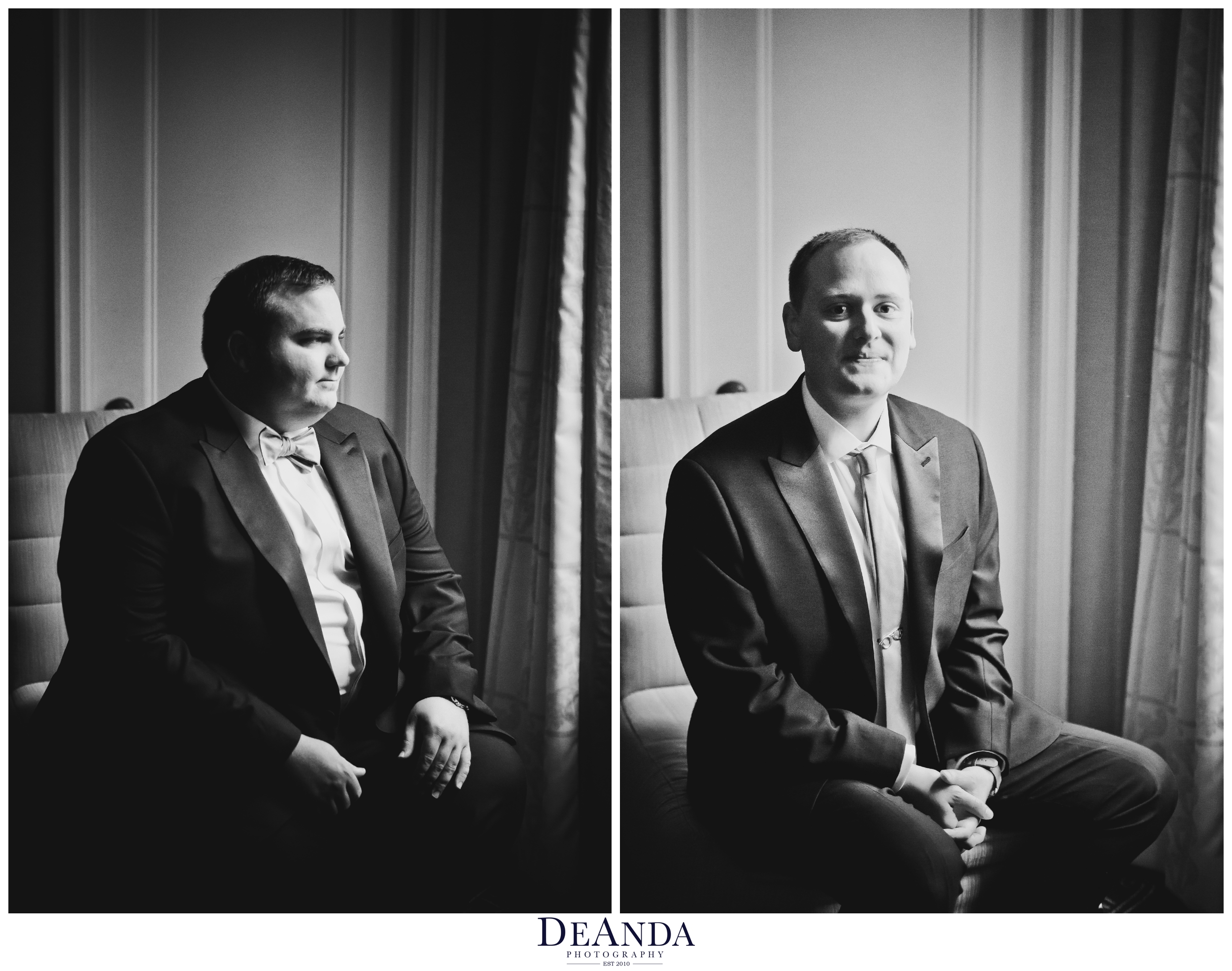 grooms portraits on wedding day at palmer house hotel in chicago