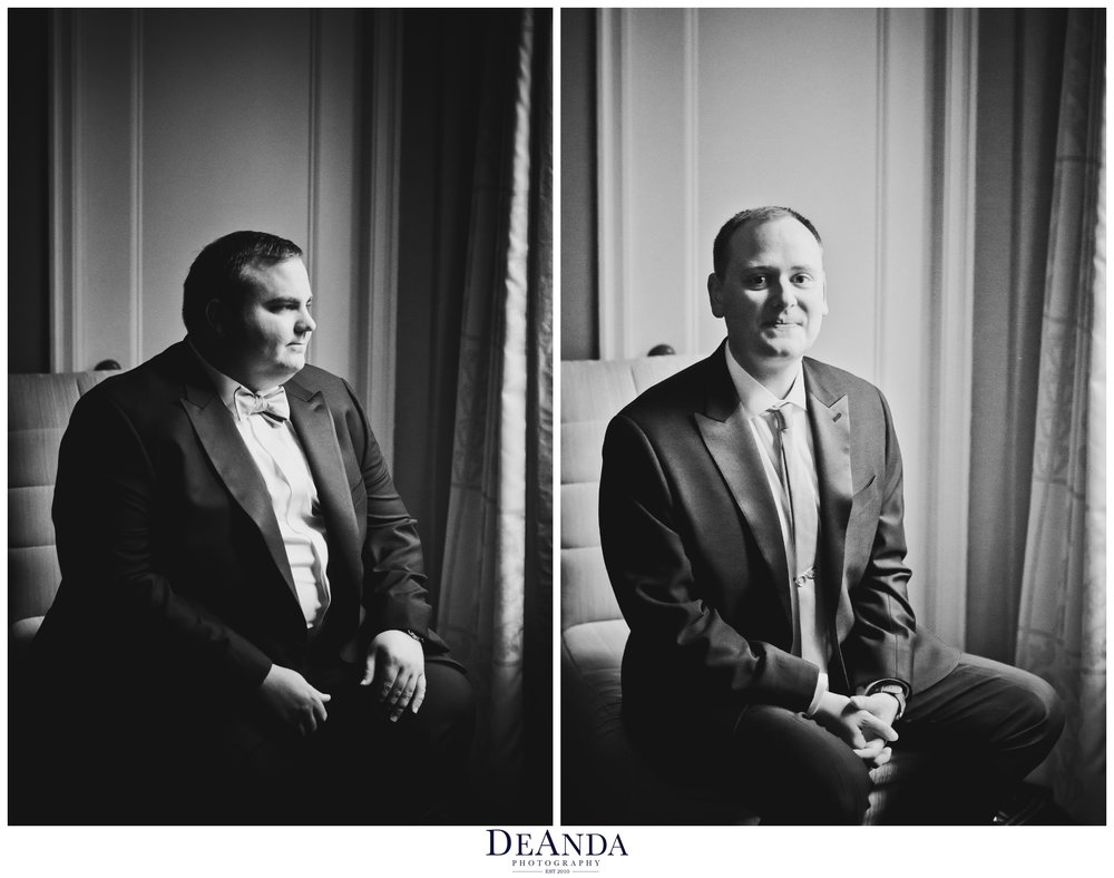grooms portraits on wedding day at palmer house hotel in chicago