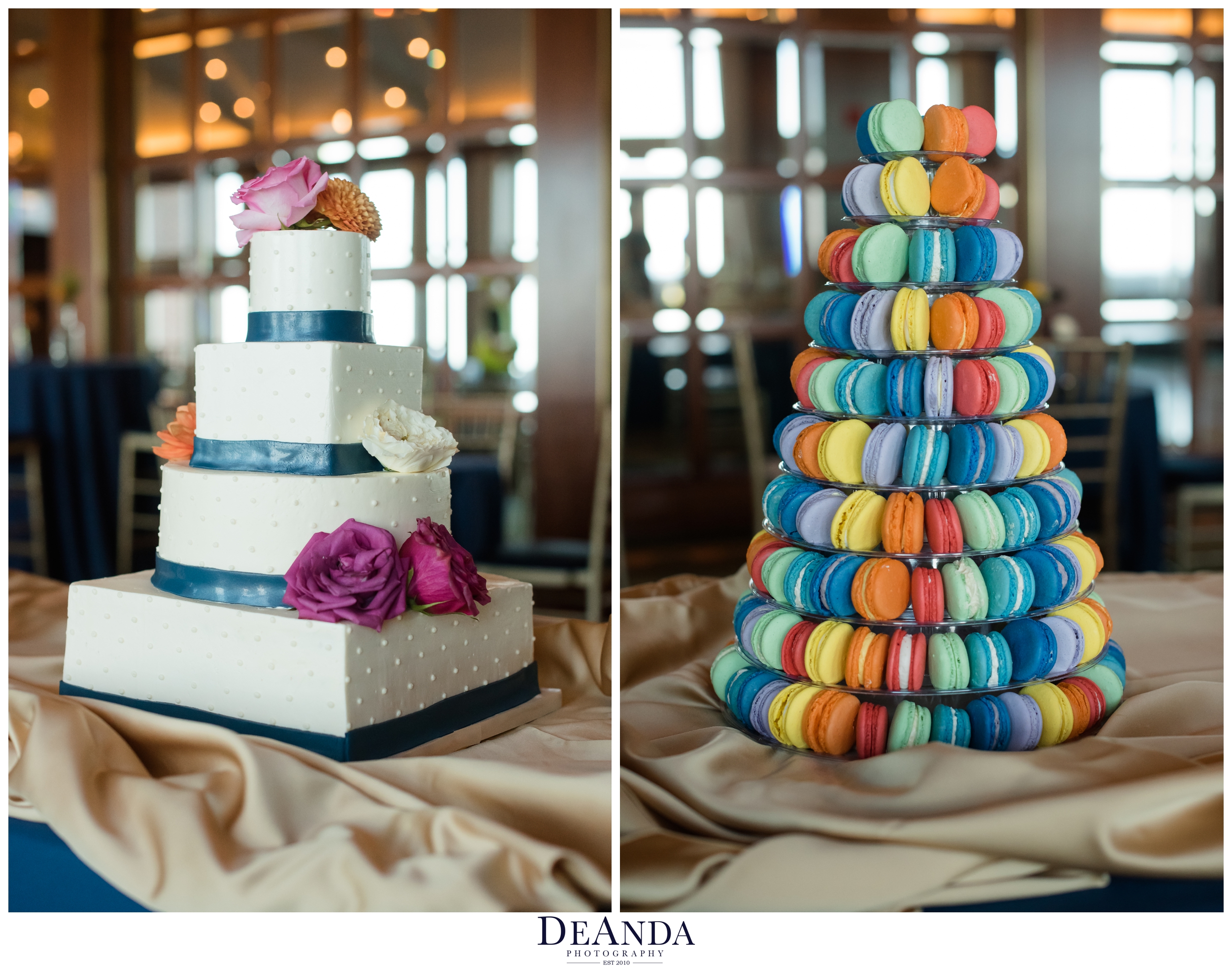 rainbow macaroon tower and cake for wedding