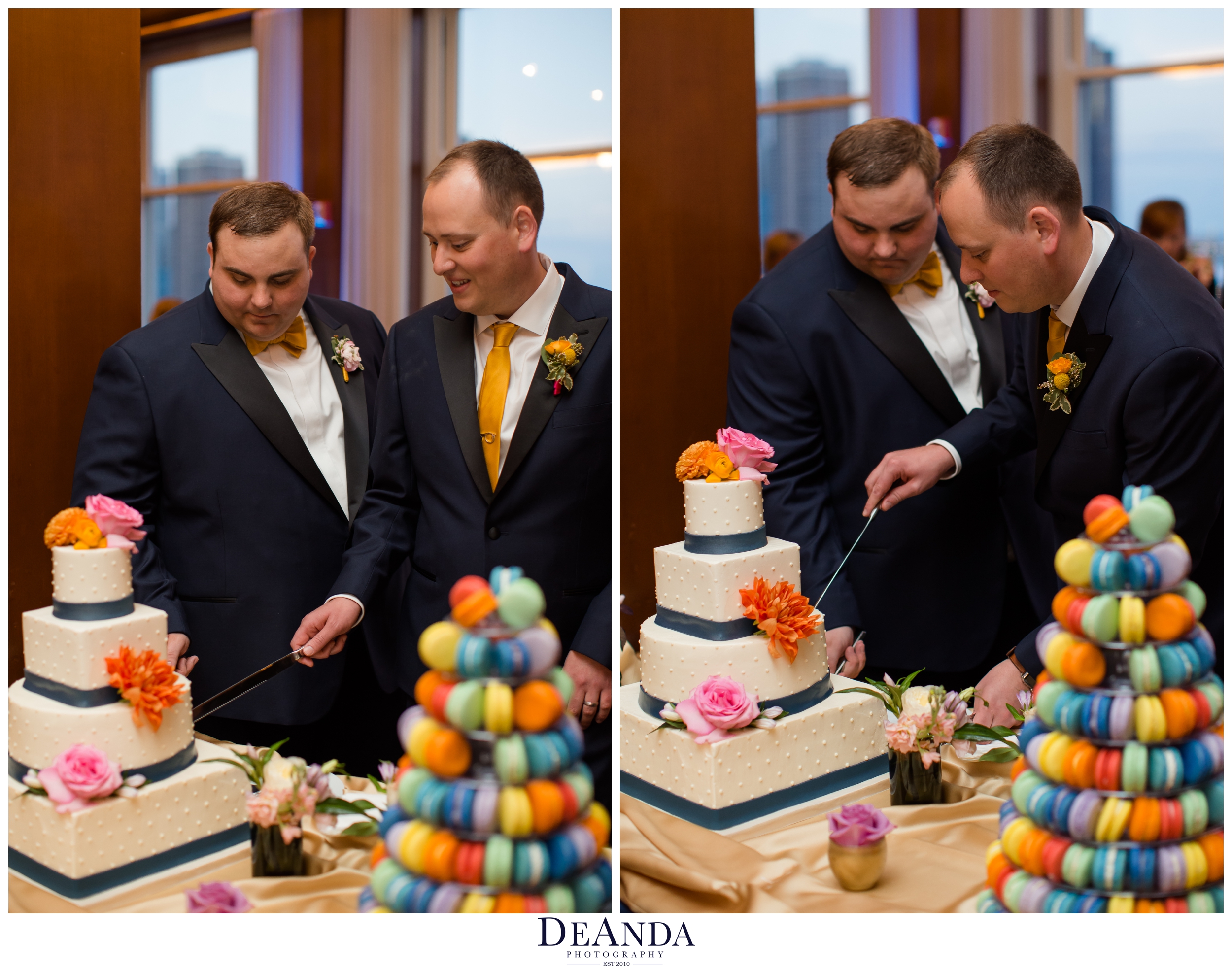 grooms cutting the cake at their weddin