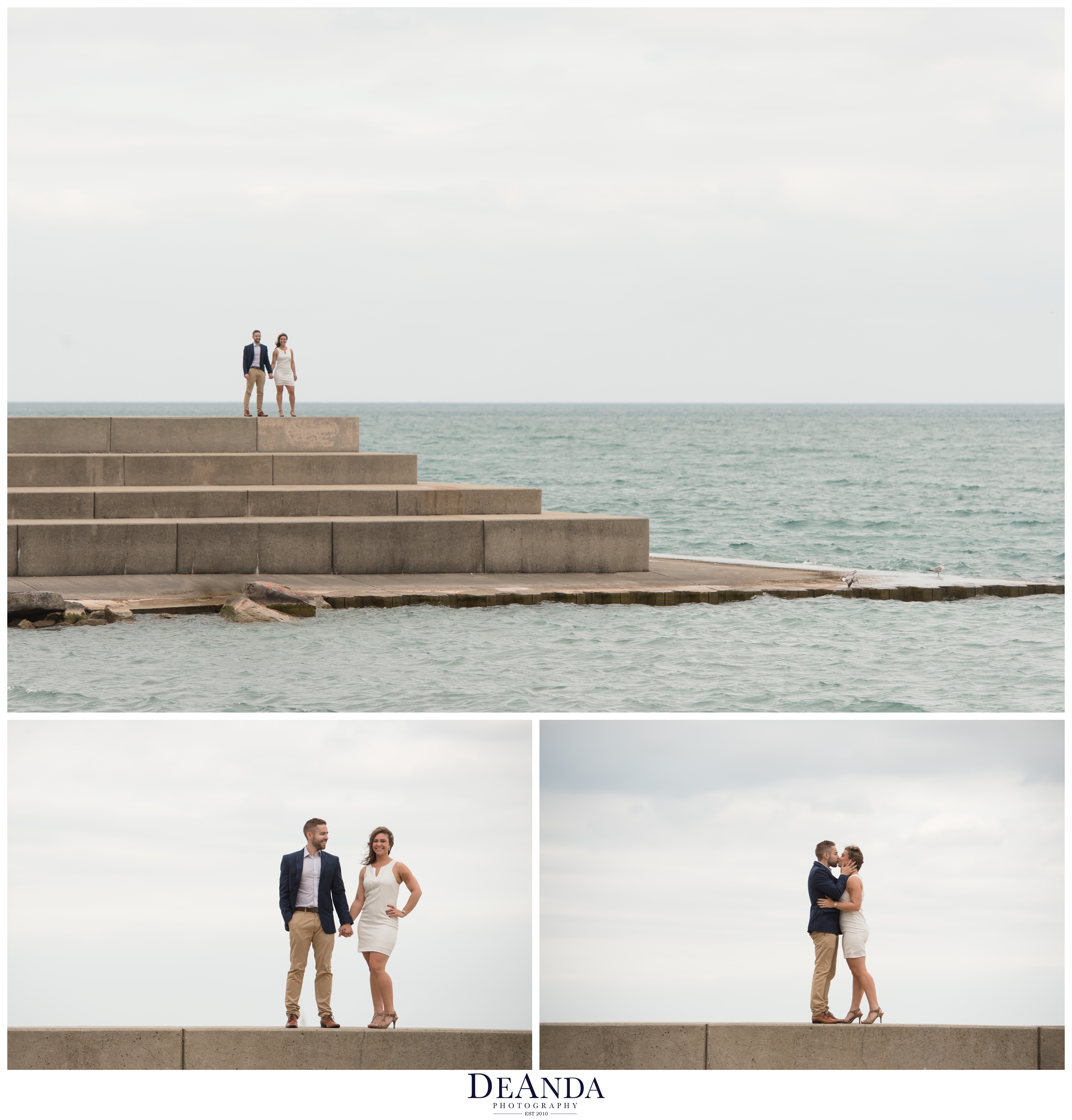 chicago engaged couple walking on 12th street beach pier