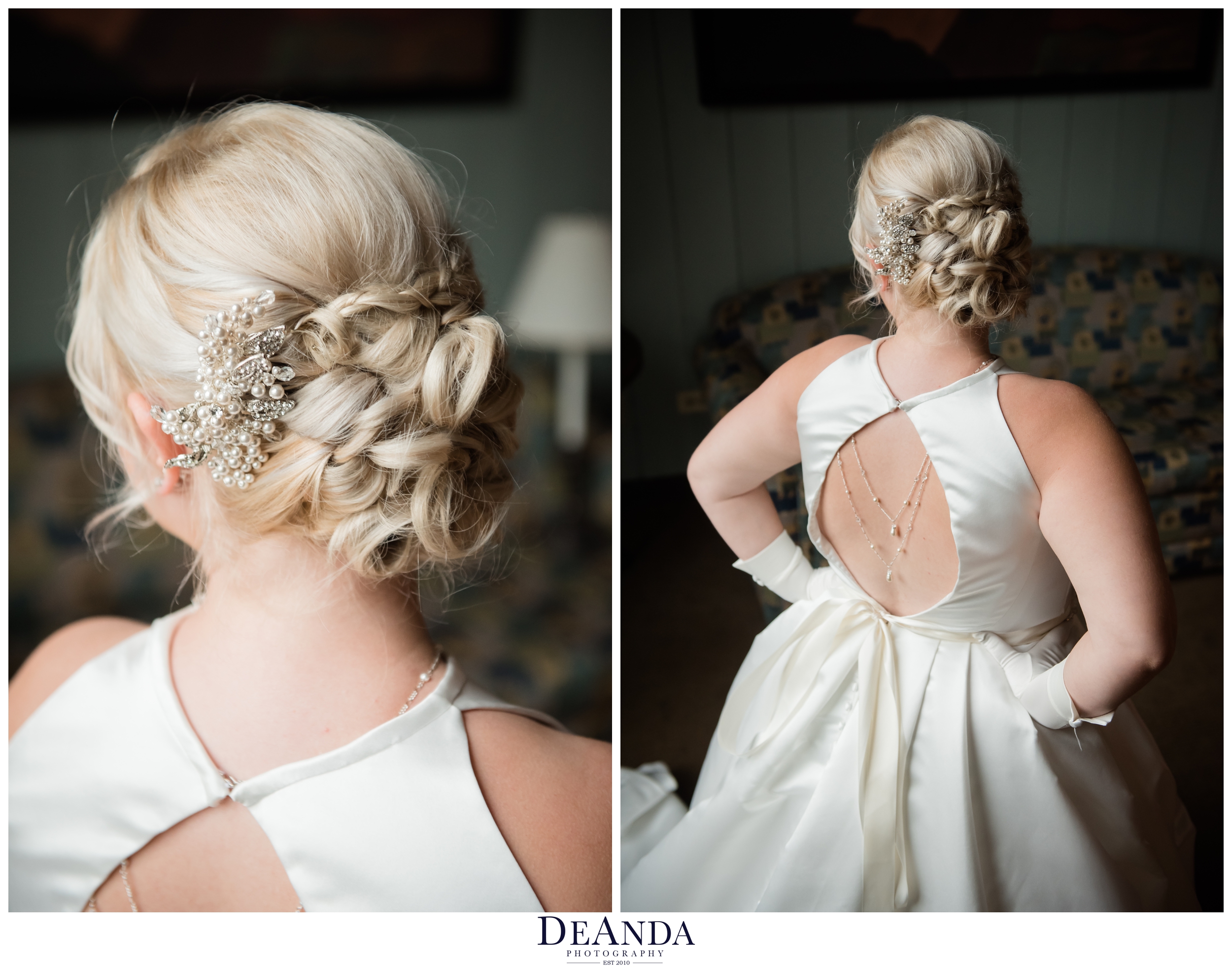 brides hair and back of her dress